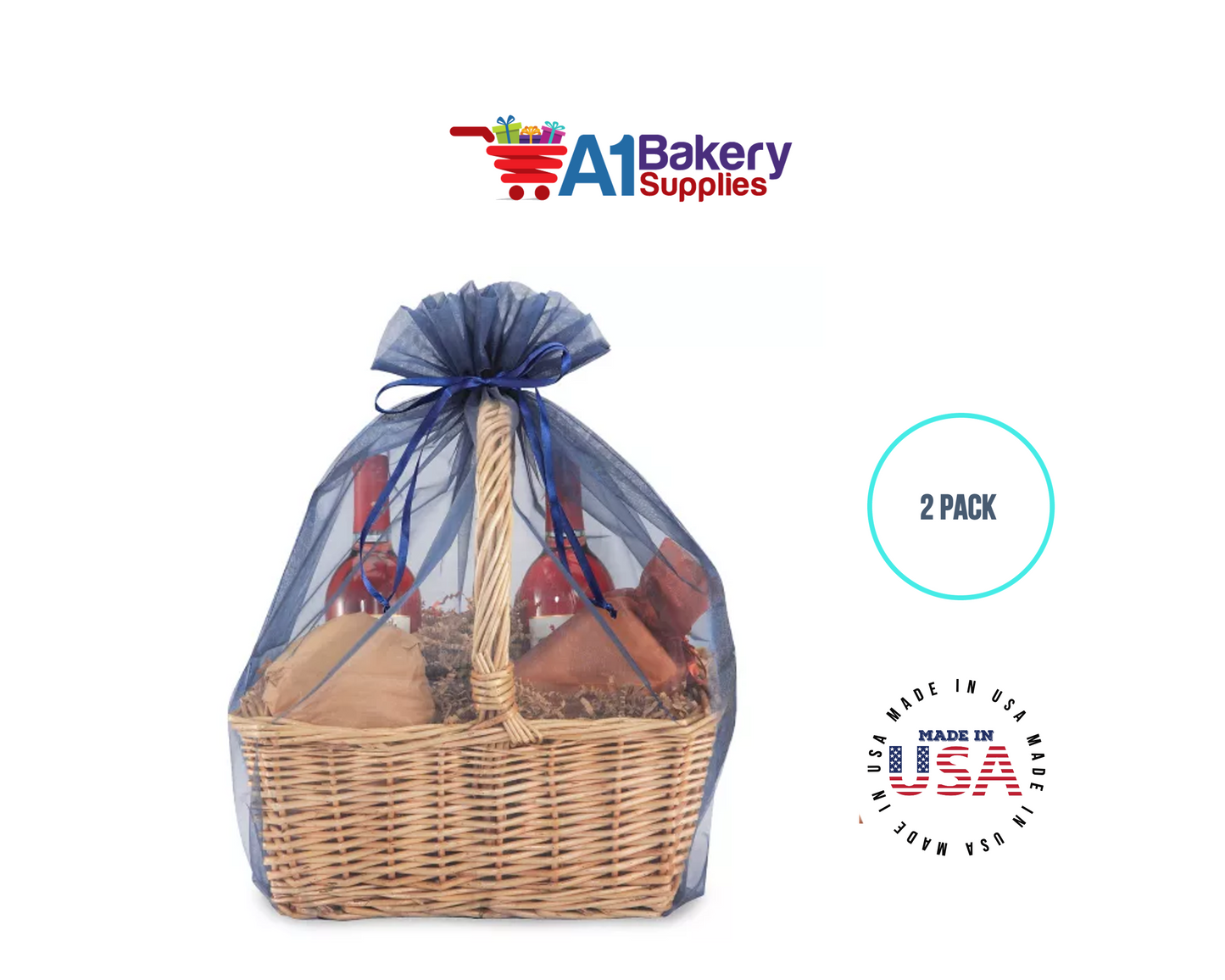 Navy Blue Organza Fabric Gift Bags – Pack of 2 with Size 22.5 x 25 inch by A1 Bakery Supplies