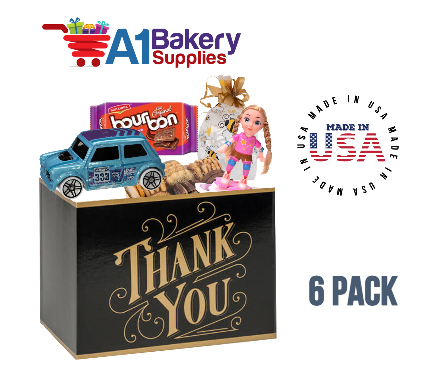 Black & Gold Thanks Basket Box, Theme Gift Box, Small 6.75 (Length) x 4 (Width) x 5 (Height), 6 Pack