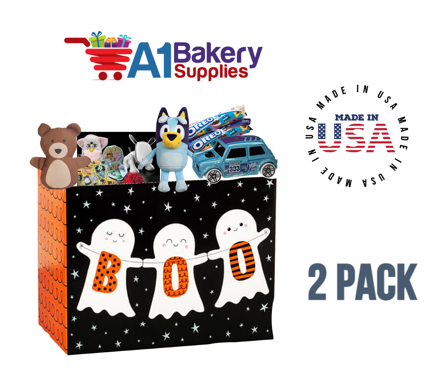 Boo Ghosts Basket Box, Theme Gift Box, Large 10.25 (Length) x 6 (Width) x 7.5 (Height), 2 Pack