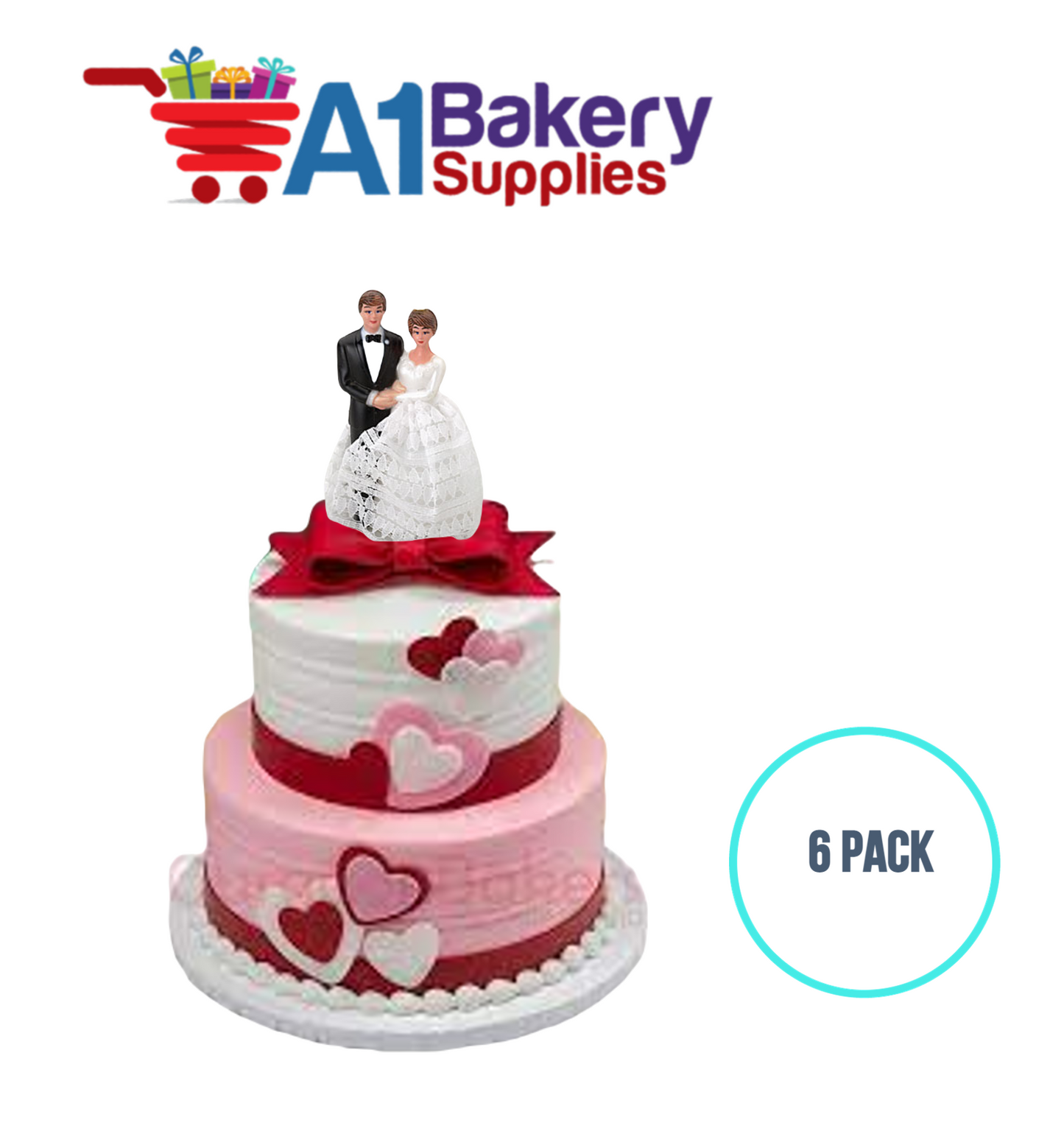 A1BakerySupplies Bride & Groom W/Lace Dress 6 pack Wedding Accessories for Birthday Cake Decorations and Marriages