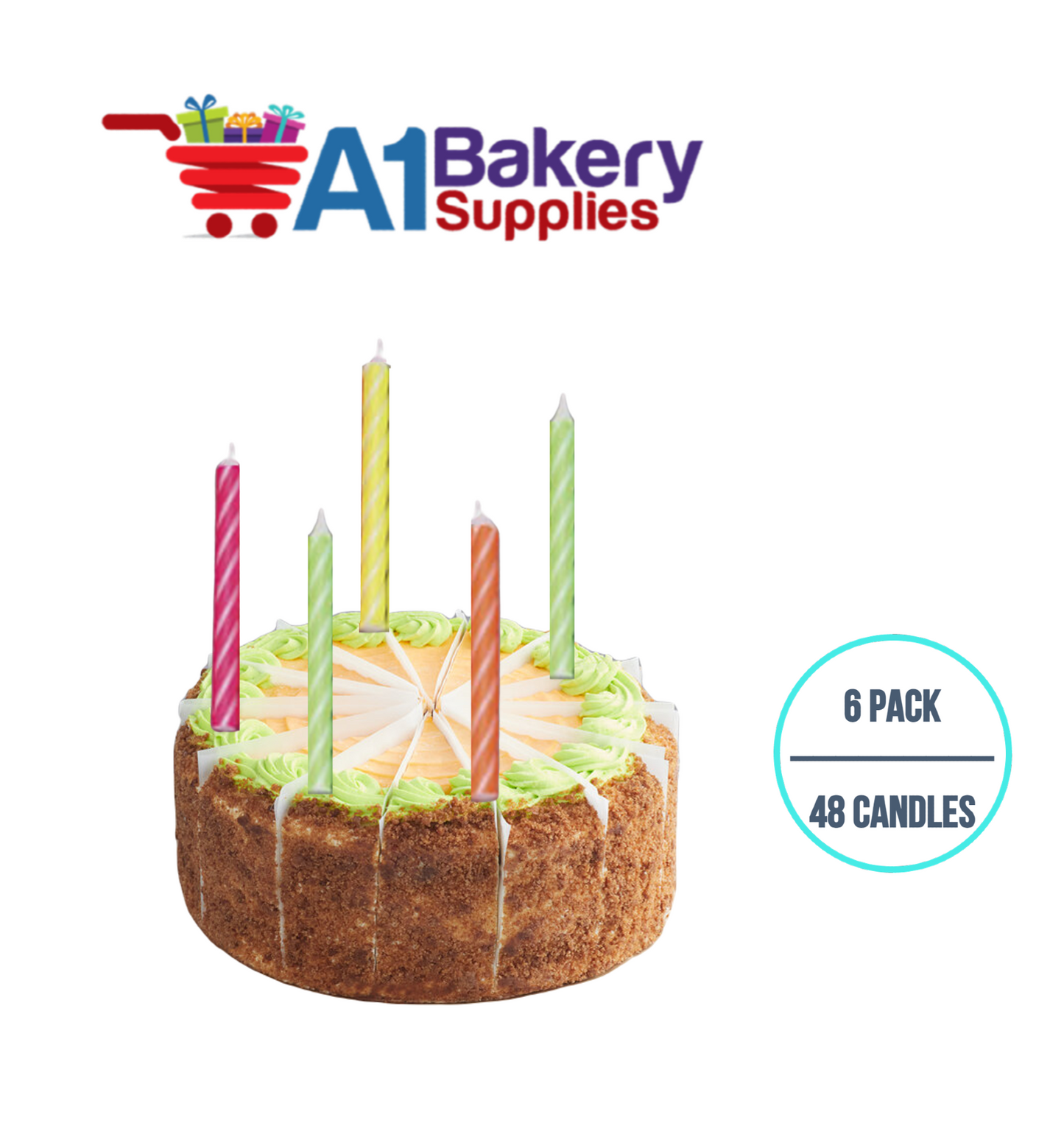 A1BakerySupplies Brite Stripe Candles- Neon Asst 6 pack for Birthday Cake Decorations and Anniversary