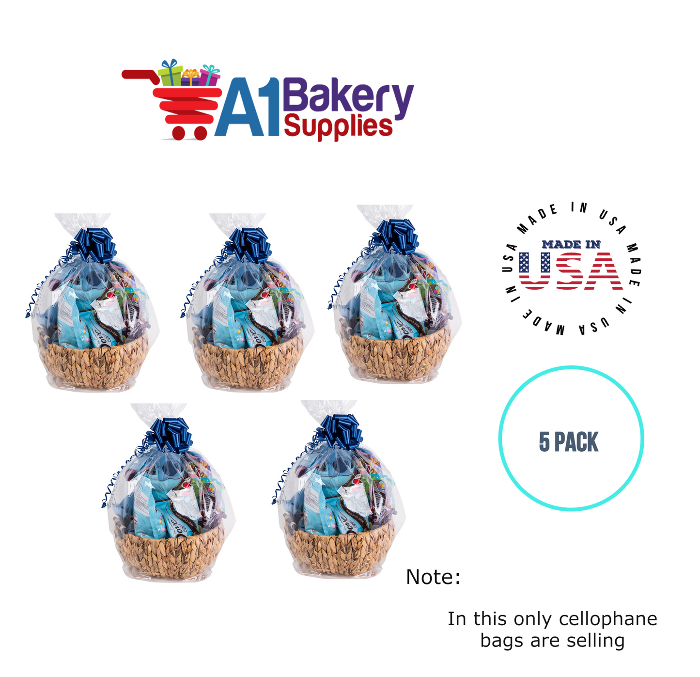 Round Bottom Basket Size 1.2 MIL BOPP Sealable Cellophane Gift Bags Bags for Gift Packing 20 x 36 Inch, 5 Pack