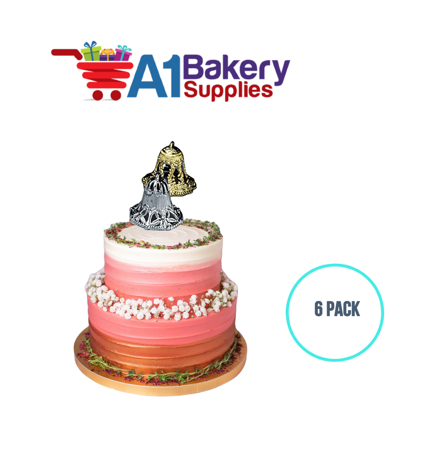 A1BakerySupplies Filigree Lace Bells - Silver 6 pack Wedding Accessories for Birthday Cake Decorations and Marriages