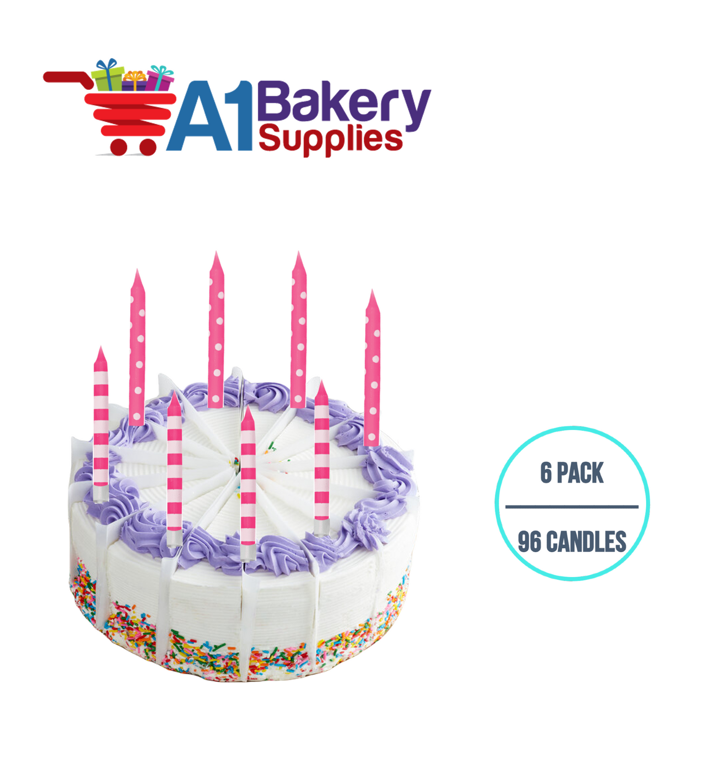 A1BakerySupplies Pink Stripes And Dots Candles 6 pack for Birthday Cake Decorations and Anniversary