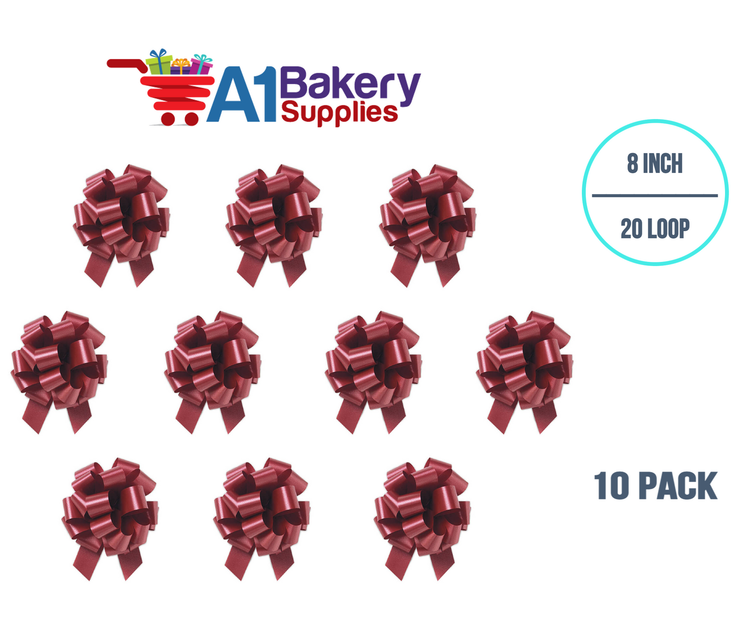 A1BakerySupplies 10 Pieces Pull Bow for Gift Wrapping Gift Bows Pull Bow With Ribbon for Wedding Gift Baskets, 8 Inch 20 Loop Marsala Maroon Flora Satin Color