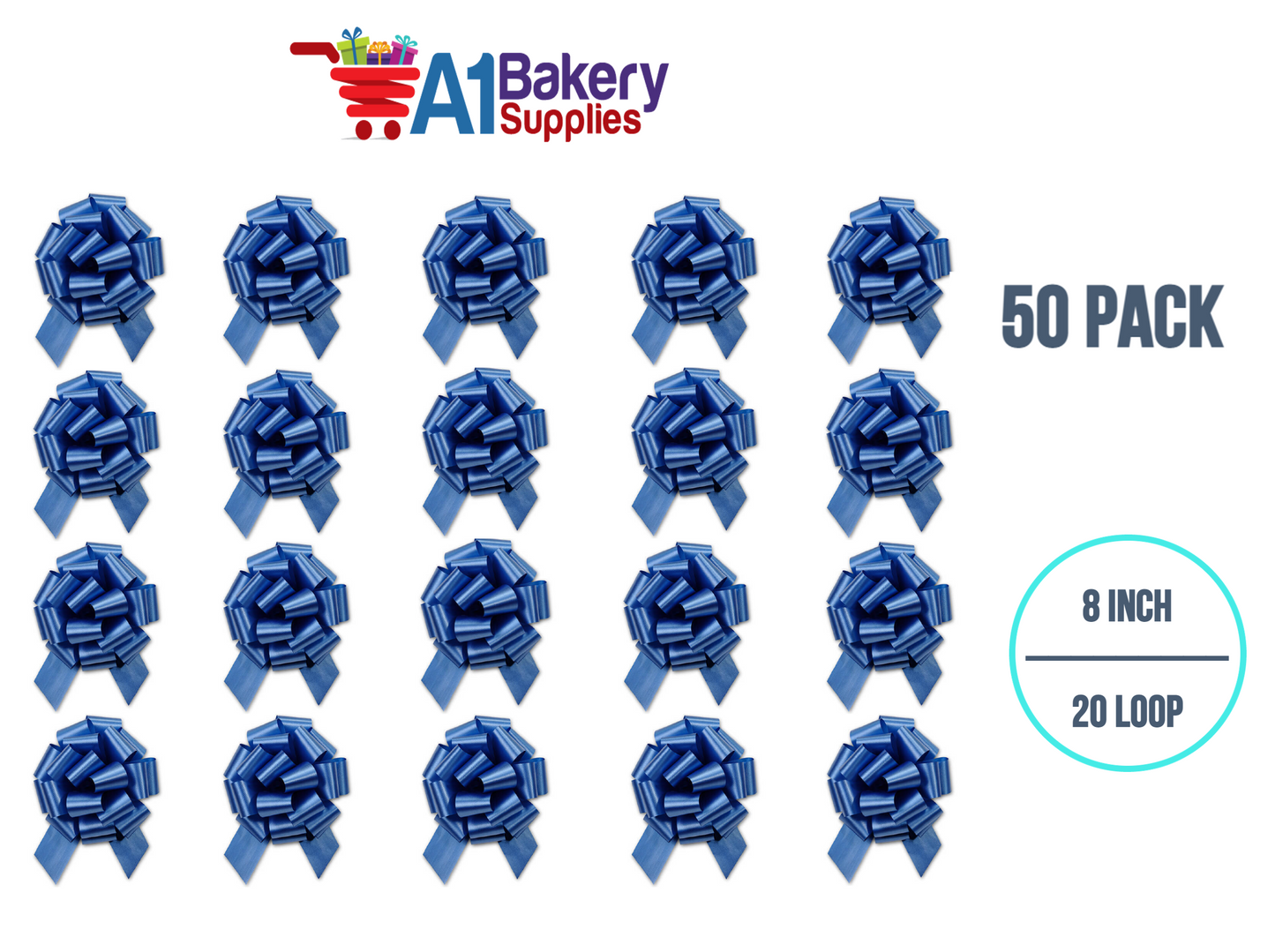 A1BakerySupplies 50 Pieces Pull Bow for Gift Wrapping Gift Bows Pull Bow With Ribbon for Wedding Gift Baskets, 8 Inch 20 Loop Royal Blue Flora Satin Color