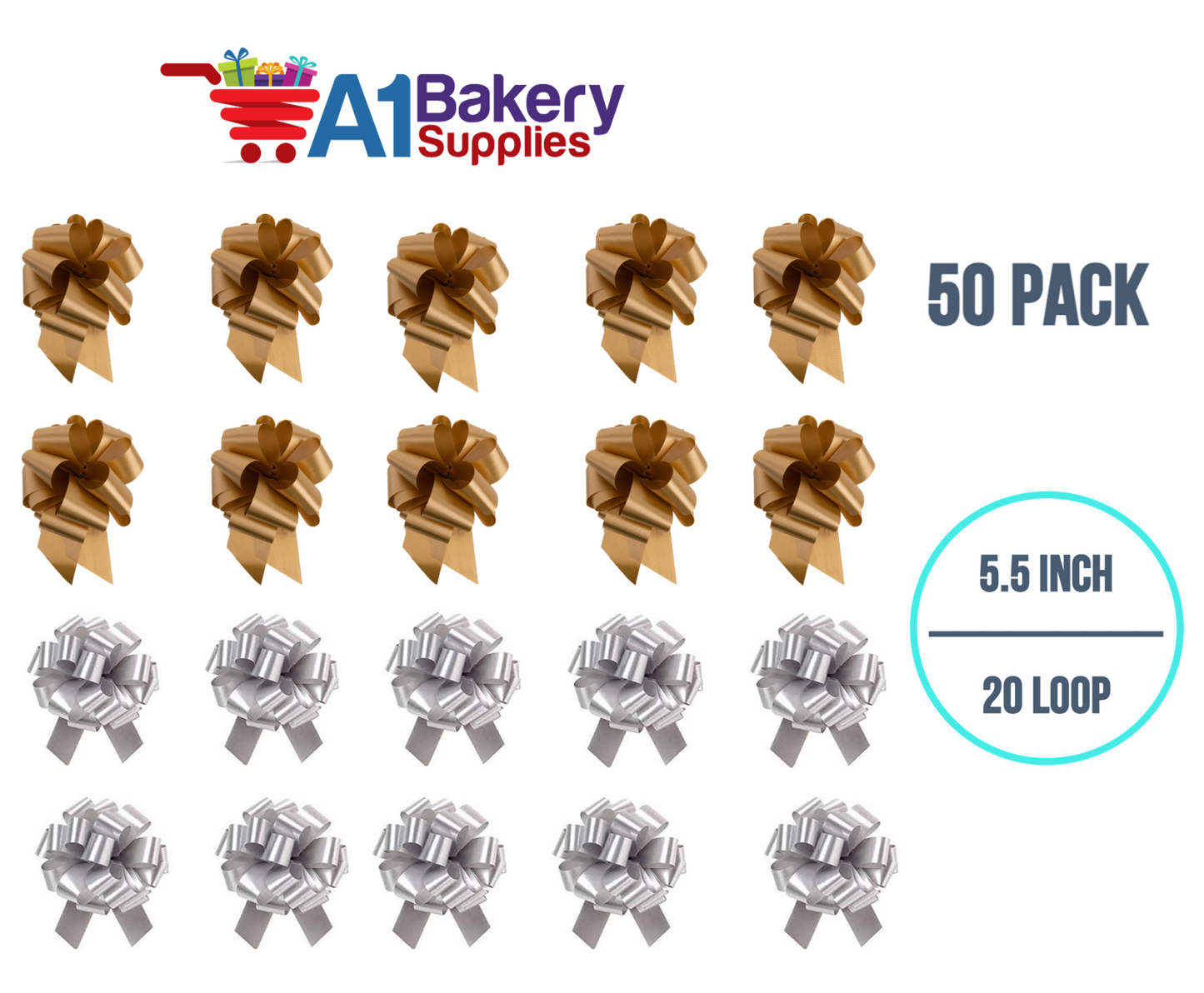 A1BakerySupplies 50 Pieces Pull Bow for Gift Wrapping Gift Bows Pull Bow With Ribbon for Wedding Gift Baskets, 5.5 Inch 20 Loop in Mixed Color