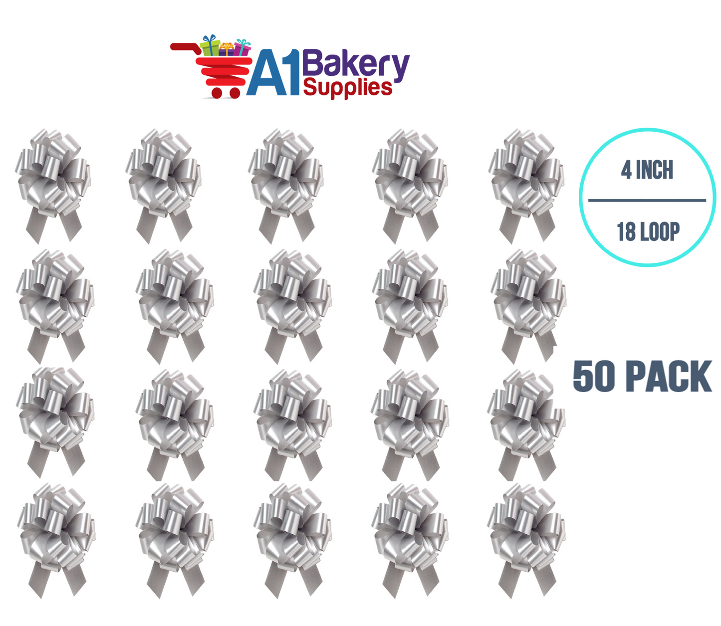 A1BakerySupplies 50 Pieces Pull Bow for Gift Wrapping Gift Bows Pull Bow With Ribbon for Wedding Gift Baskets, 4 Inch 18 Loop Silver Flora Satin Color