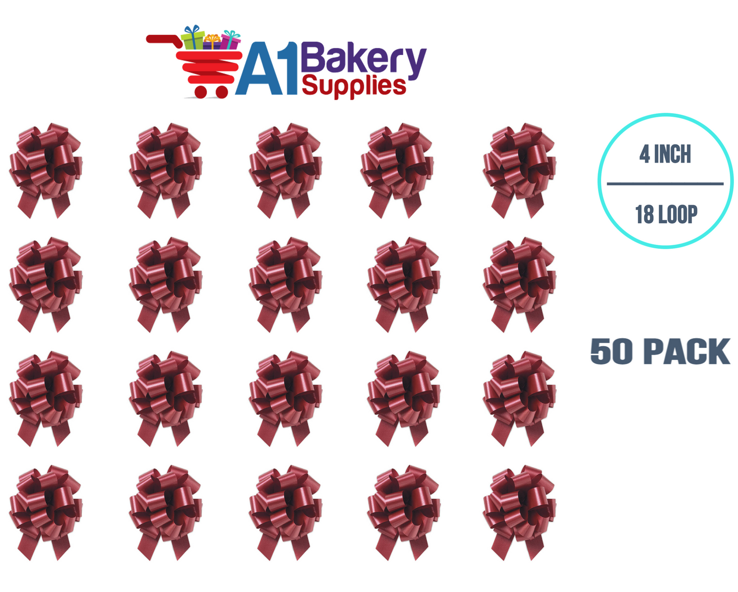 A1BakerySupplies 50 Pieces Pull Bow for Gift Wrapping Gift Bows Pull Bow With Ribbon for Wedding Gift Baskets, 4 Inch 18 Loop Marsala Maroon Flora Satin Color