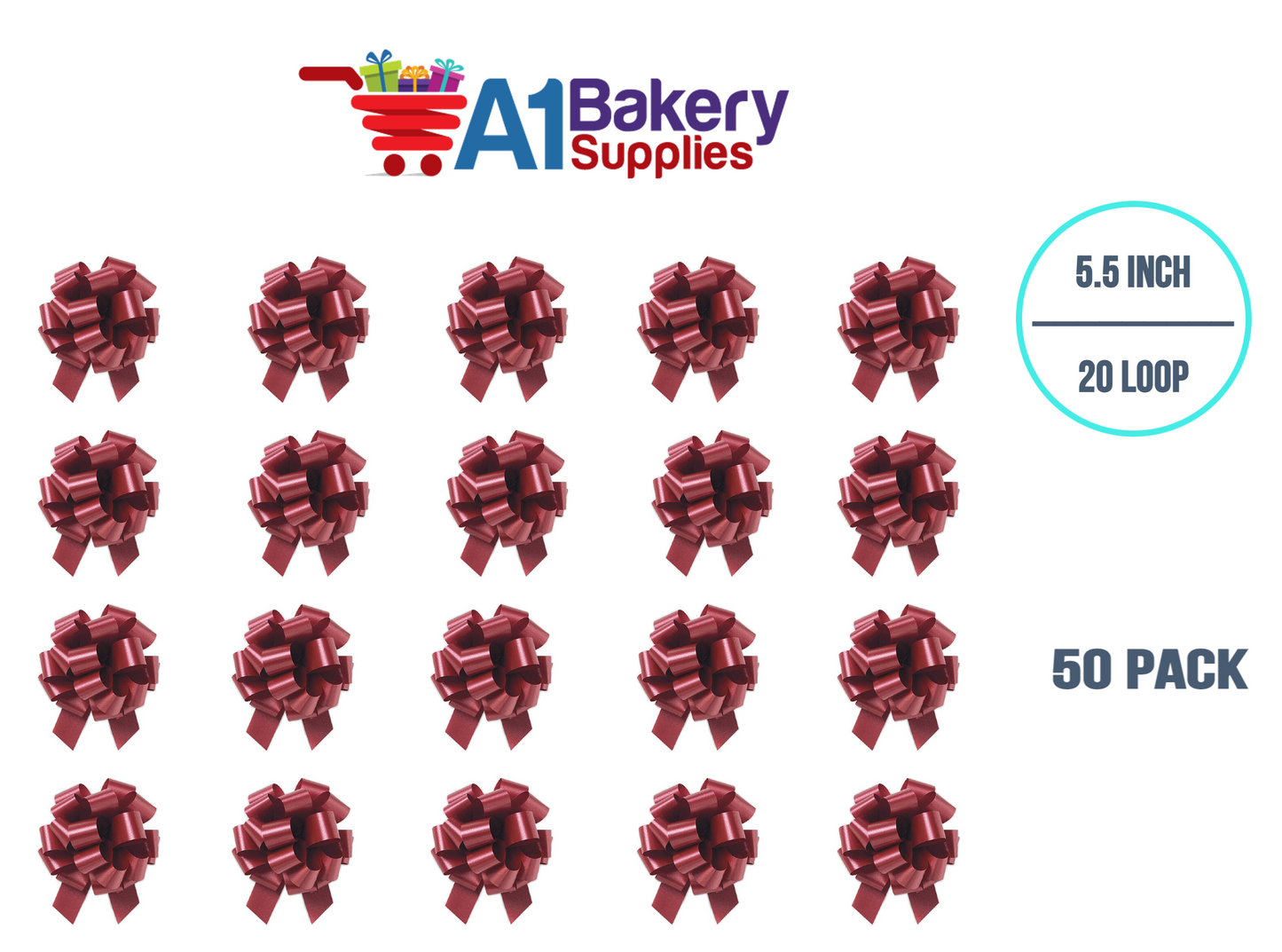A1BakerySupplies 50 Pieces Pull Bow for Gift Wrapping Gift Bows Pull Bow With Ribbon for Wedding Gift Baskets, 5.5 Inch 20 Loop in Marsala Maroon Color