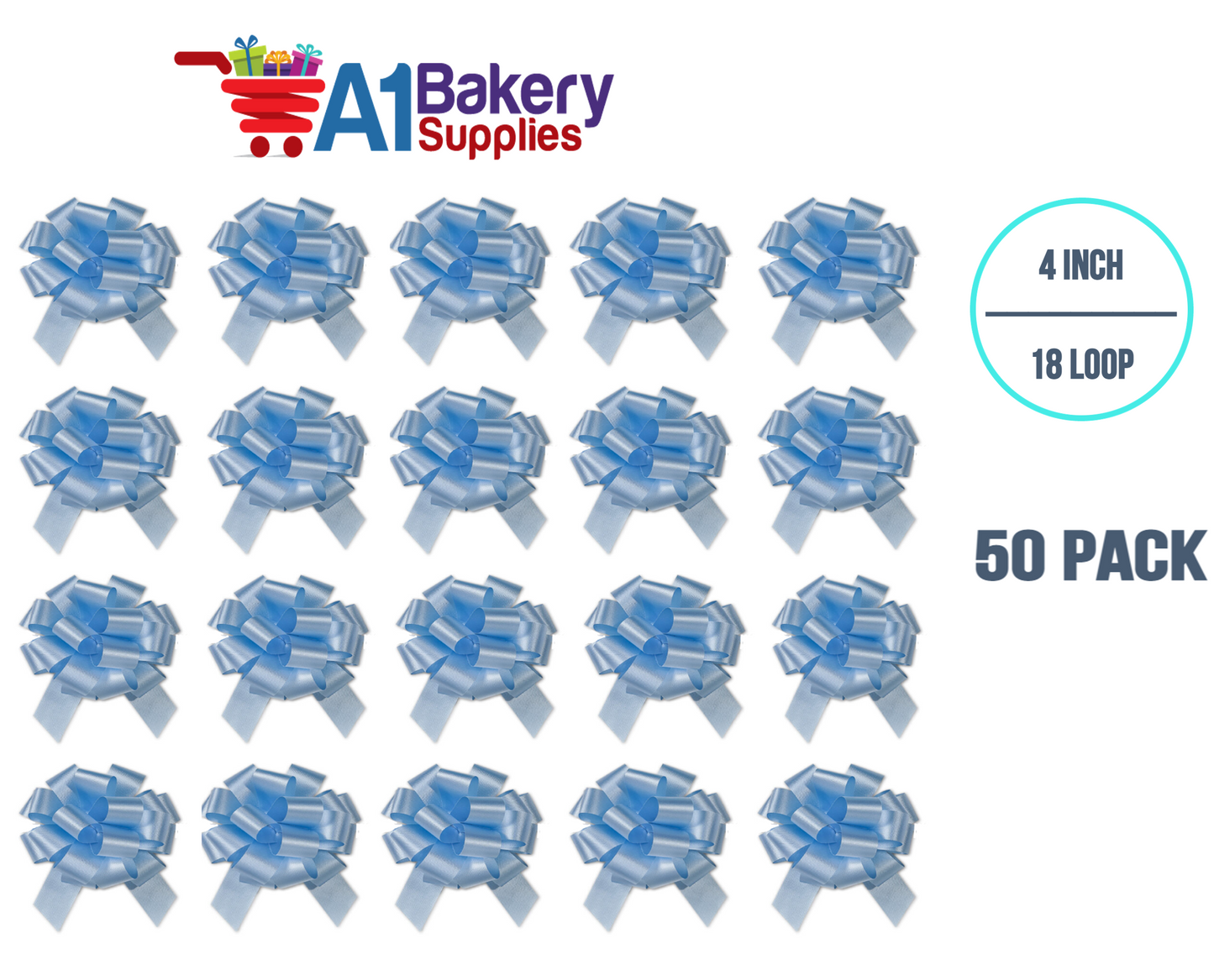 A1BakerySupplies 50 Pieces Pull Bow for Gift Wrapping Gift Bows Pull Bow With Ribbon for Wedding Gift Baskets, 4 Inch 18 Loop Light Blue Flora Satin Color