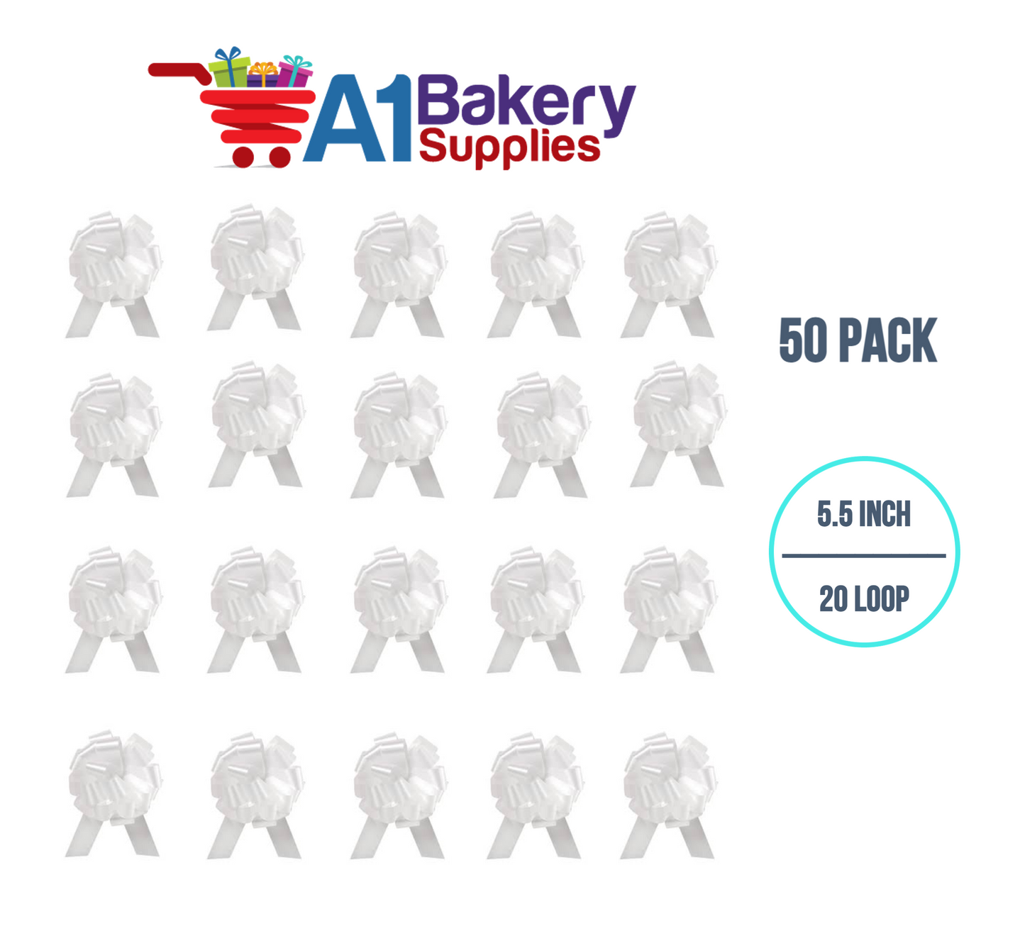 A1BakerySupplies 50 Pieces Pull Bow for Gift Wrapping Gift Bows Pull Bow With Ribbon for Wedding Gift Baskets, 5.5 Inch 20 Loop in White Color