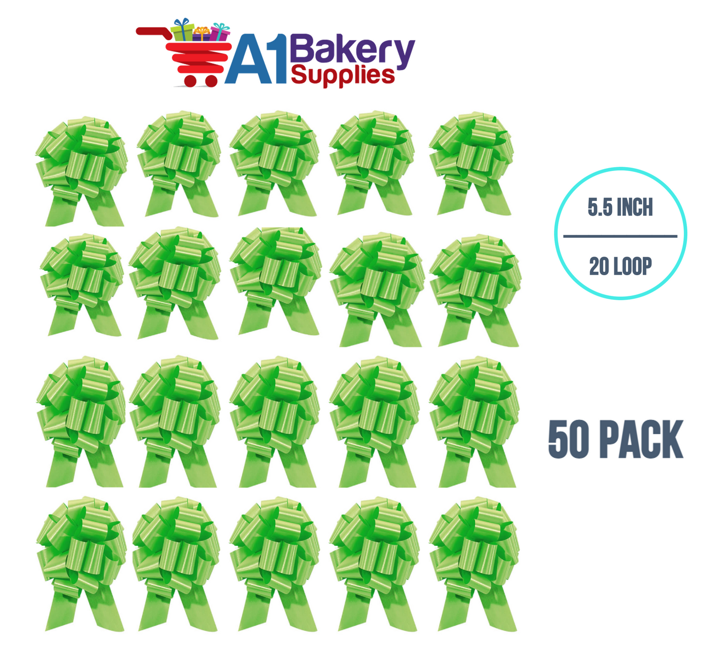 A1BakerySupplies 50 Pieces Pull Bow for Gift Wrapping Gift Bows Pull Bow With Ribbon for Wedding Gift Baskets, 5.5 Inch 20 Loop in Citrus Green Color
