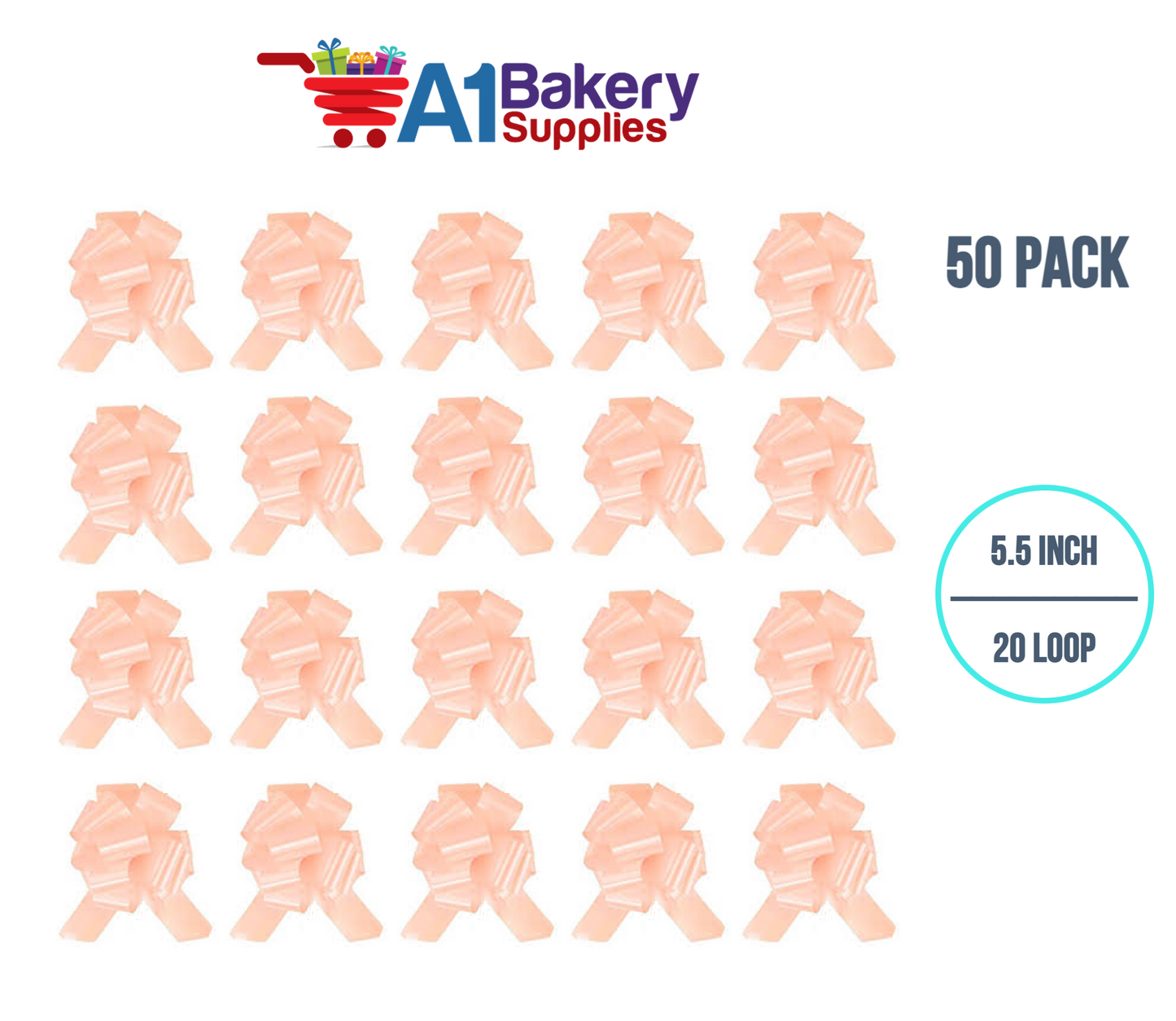 A1BakerySupplies 50 Pieces Pull Bow for Gift Wrapping Gift Bows Pull Bow With Ribbon for Wedding Gift Baskets, 5.5 Inch 20 Loop in Peach Color