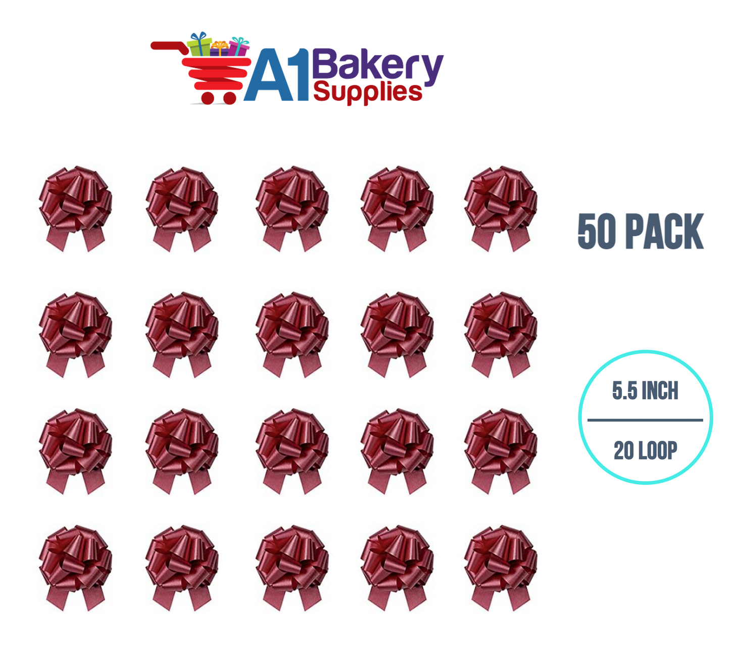 A1BakerySupplies 50 Pieces Pull Bow for Gift Wrapping Gift Bows Pull Bow With Ribbon for Wedding Gift Baskets, 5.5 Inch 20 Loop in Burgundy Color