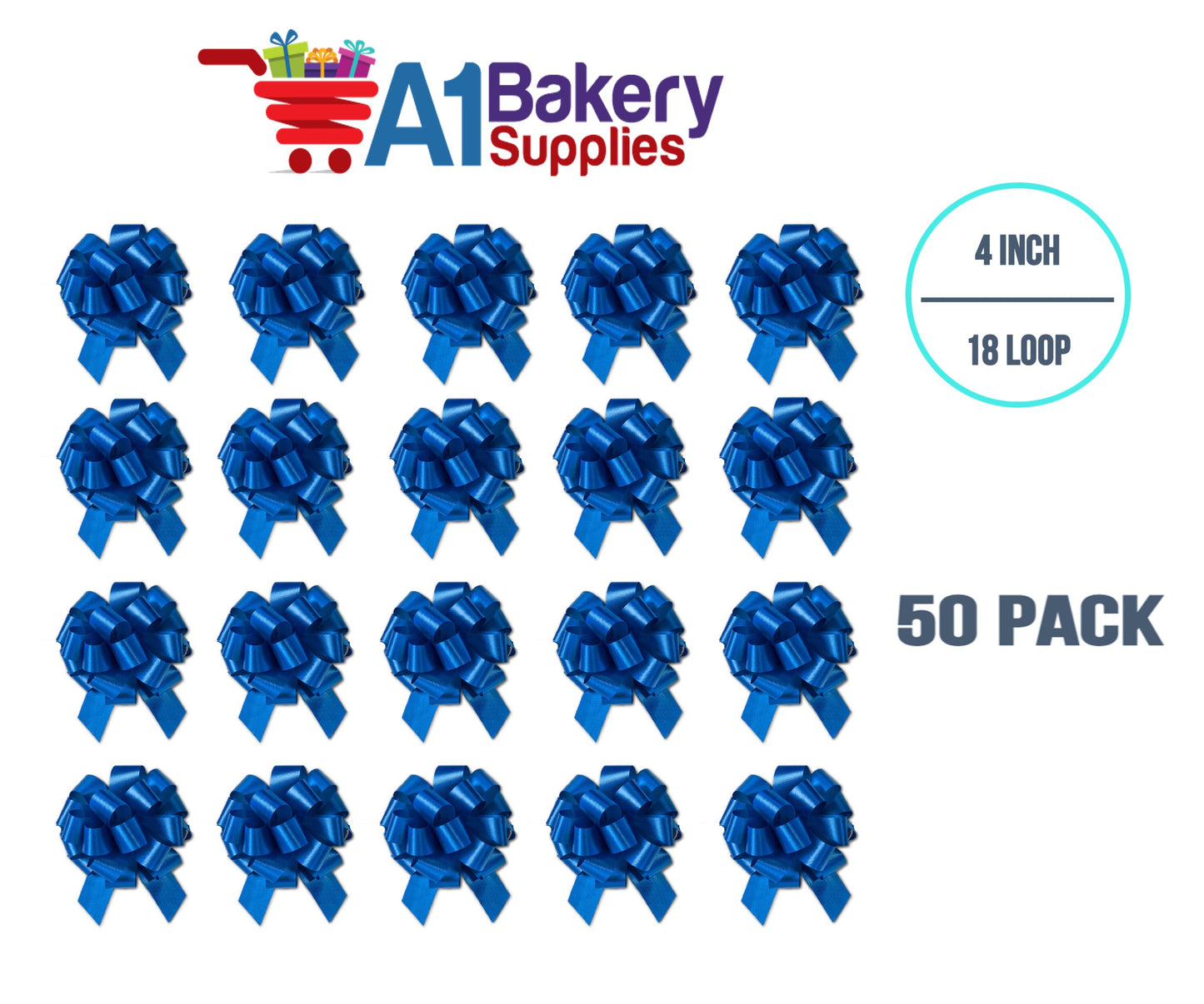A1BakerySupplies 50 Pieces Pull Bow for Gift Wrapping Gift Bows Pull Bow With Ribbon for Wedding Gift Baskets, 4 Inch 18 Loop Royal Blue Flora Satin Color