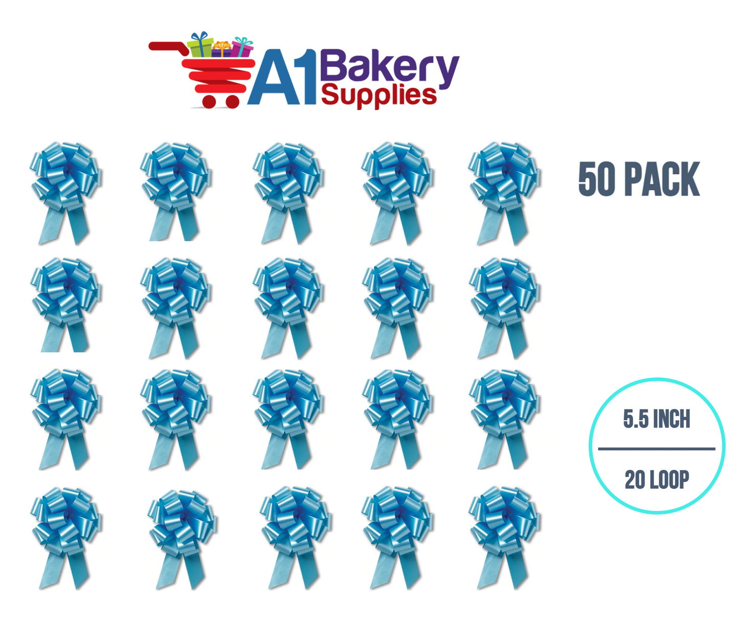 A1BakerySupplies 50 Pieces Pull Bow for Gift Wrapping Gift Bows Pull Bow With Ribbon for Wedding Gift Baskets, 5.5 Inch 20 Loop in Light Blue Color