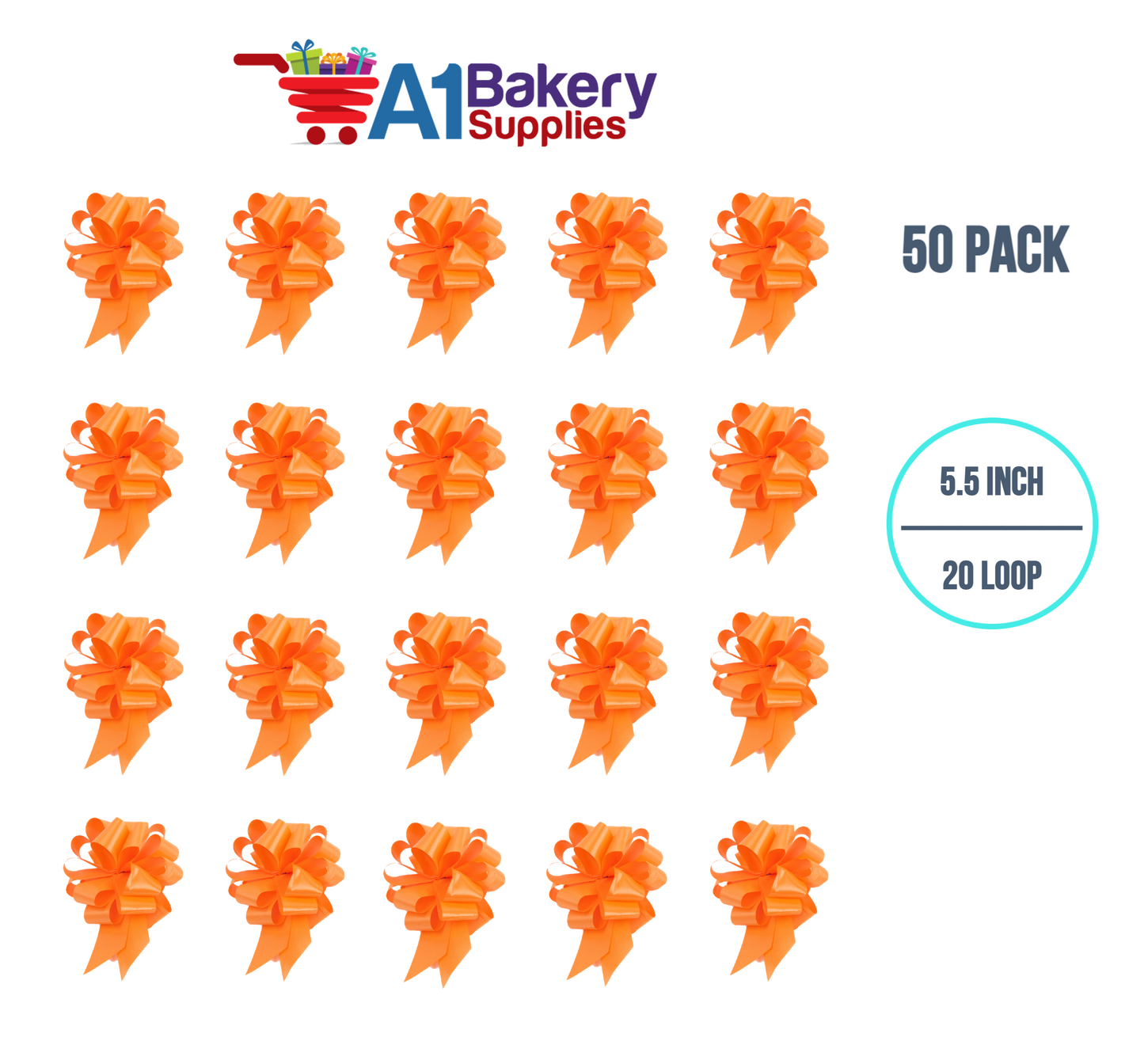 A1BakerySupplies 50 Pieces Pull Bow for Gift Wrapping Gift Bows Pull Bow With Ribbon for Wedding Gift Baskets, 5.5 Inch 20 Loop in Orange Color