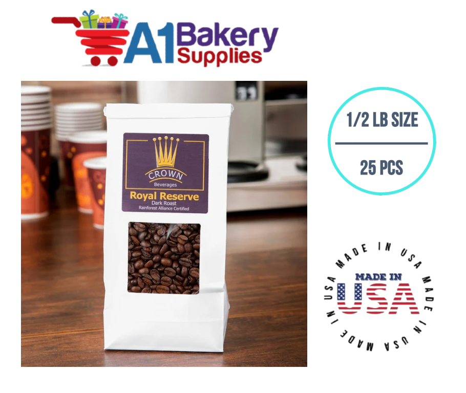 1/2 LB Size White Square Window Tin Tie Bags 25 PCS White Bakery Bags with Square Window Resealable Tin Tie Tab Lock Poly-Lined Bags White Paper Bags for Cookies, Coffee