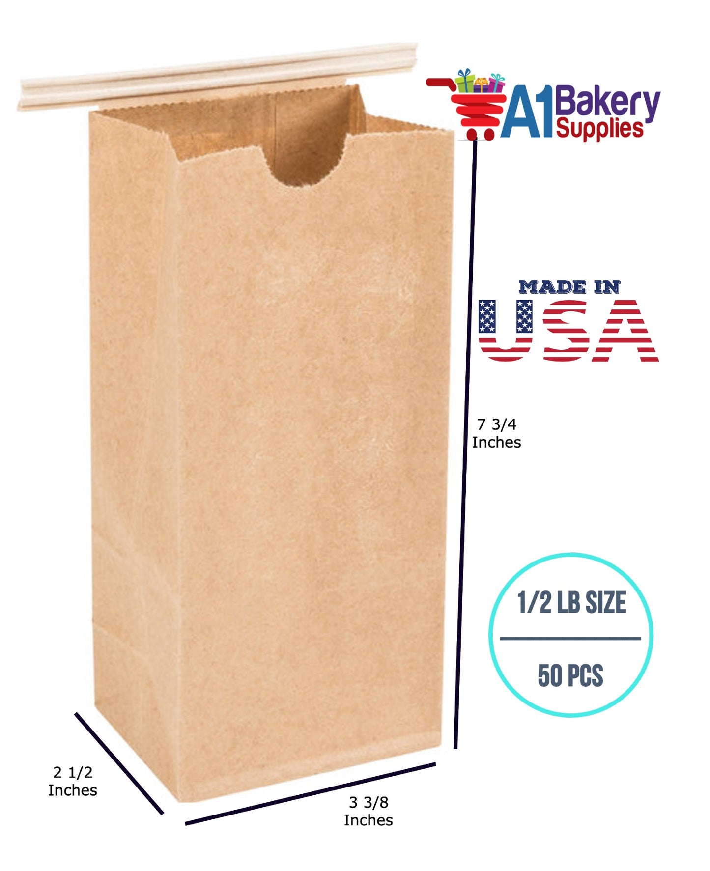 1/2 LB Size Brown No Window Tin Tie Bags 50 PCS Kraft Bakery Bags with No Window Resealable Tin Tie Tab Lock Poly-Lined Bags Kraft Paper Bags for Cookies, Coffee
