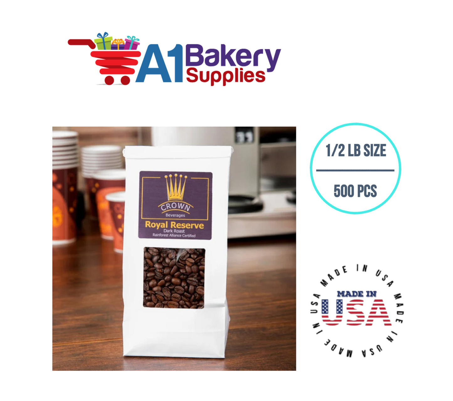 1/2 LB Size White Square Window Tin Tie Bags 500 PCS White Bakery Bags with Square Window Resealable Tin Tie Tab Lock Poly-Lined Bags White Paper Bags for Cookies, Coffee