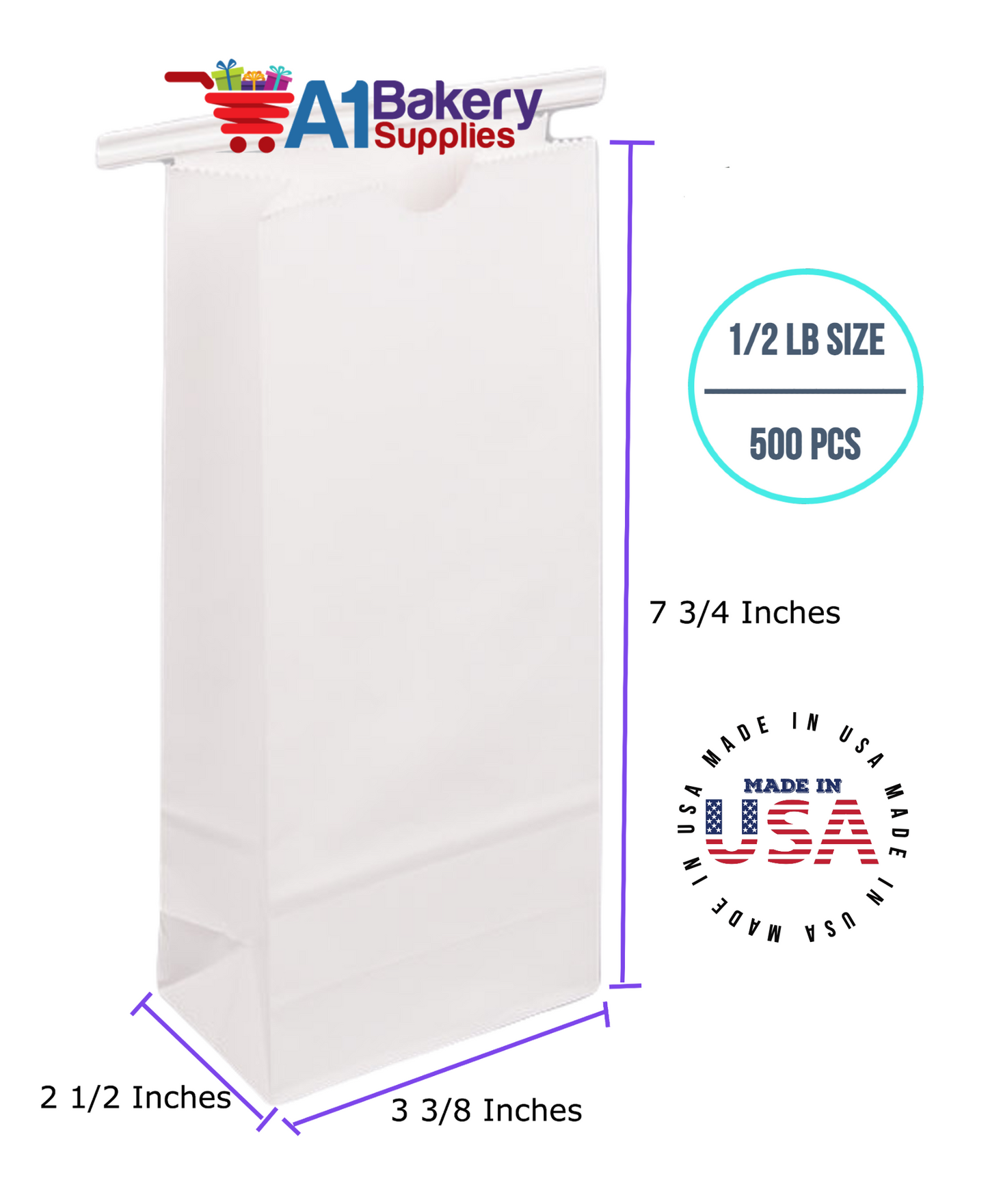 1/2 LB Size White No Window Tin Tie Bags 500 PCS White Bakery Bags with No Window Resealable Tin Tie Tab Lock Poly-Lined Bags White Paper Bags for Cookies, Coffee