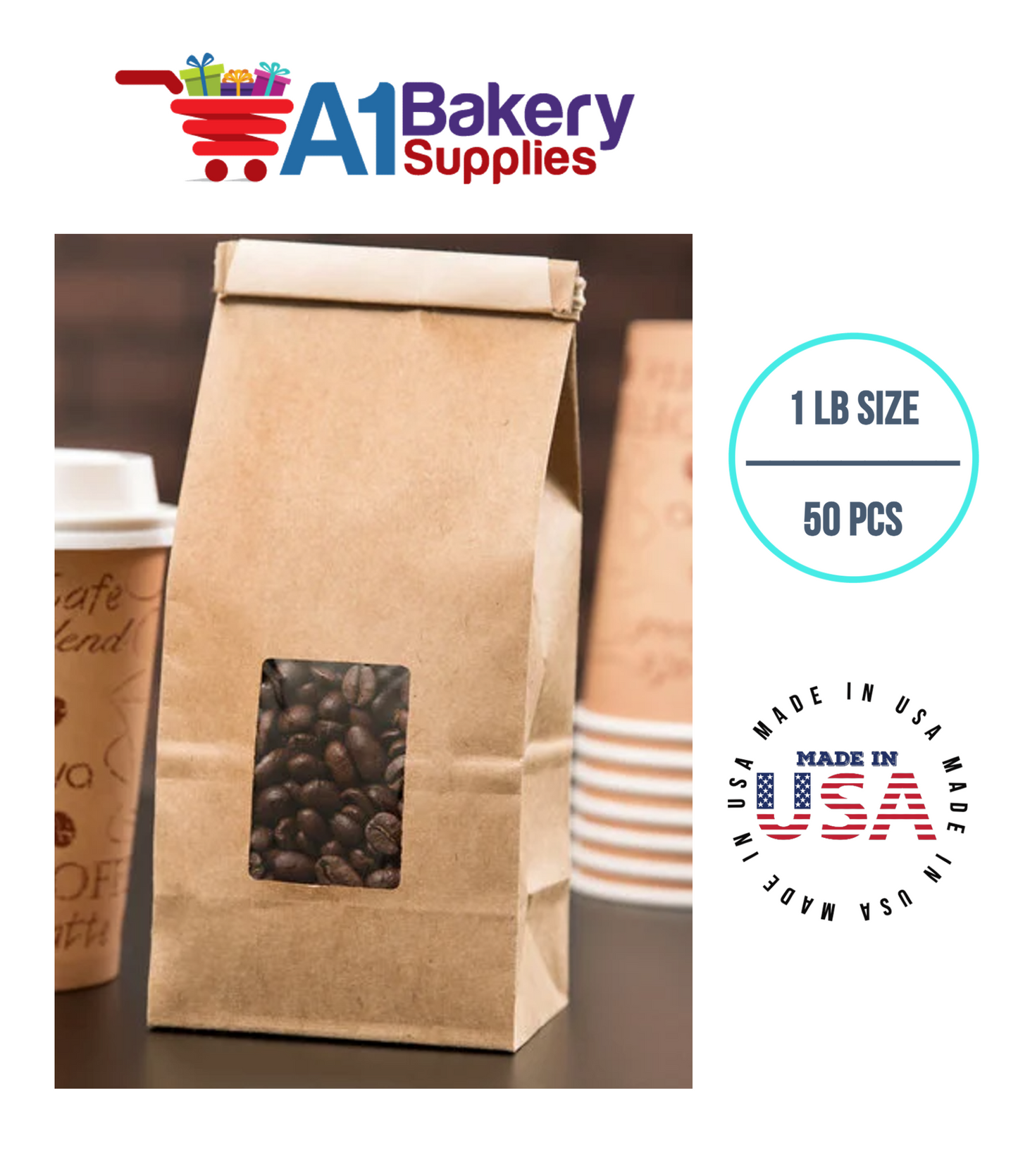 1 LB Size Brown Square Window Tin Tie Bags 50 PCS Kraft Bakery Bags with Square Window Resealable Tin Tie Tab Lock Poly-Lined Bags Kraft Paper Bags for Cookies, Coffee