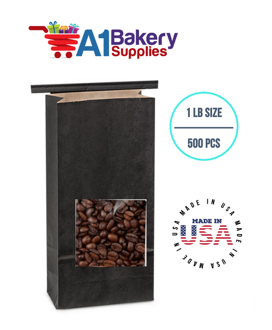 1 LB Black Square Window Tin Tie Bags 500 PCS Black Bakery Bags with Square Window Resealable Tin Tie Tab Lock Poly-Lined Bags Black Paper Bags for Cookies, Coffee