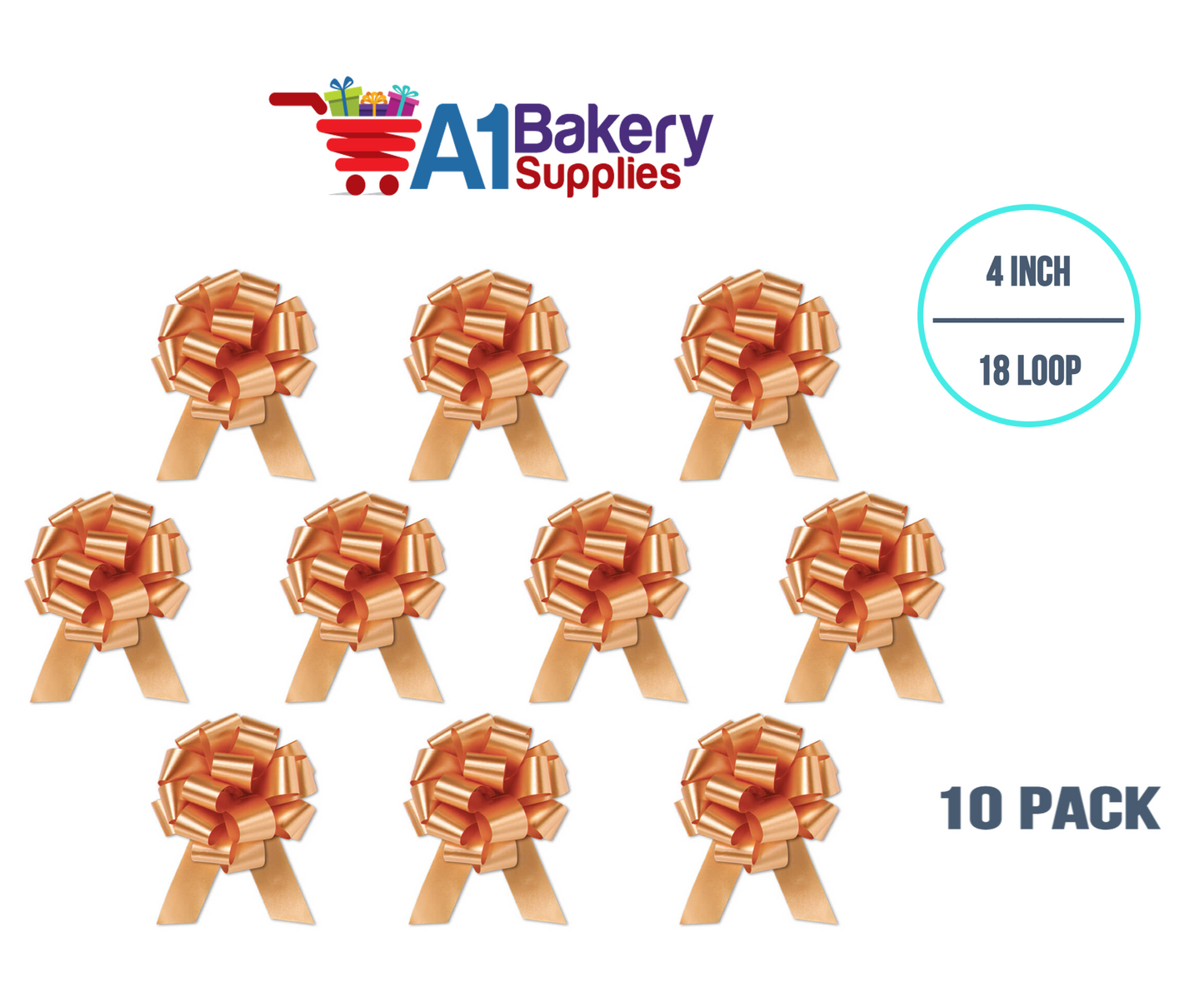 A1BakerySupplies 10 Pieces Pull Bow for Gift Wrapping Gift Bows Pull Bow With Ribbon for Wedding Gift Baskets, 4 Inch 18 Loop Gold Flora Satin Color