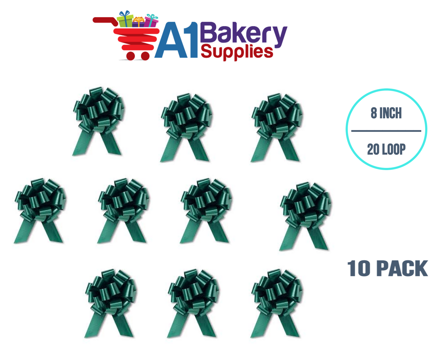 A1BakerySupplies 10 Pieces Pull Bow for Gift Wrapping Gift Bows Pull Bow With Ribbon for Wedding Gift Baskets, 8 Inch 20 Loop Hunter Green Flora Satin Color