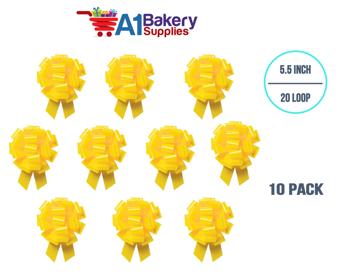 A1BakerySupplies 10 Pieces Pull Bow for Gift Wrapping Gift Bows Pull Bow With Ribbon for Wedding Gift Baskets, 5.5 Inch 20 Loop in Yellow Color