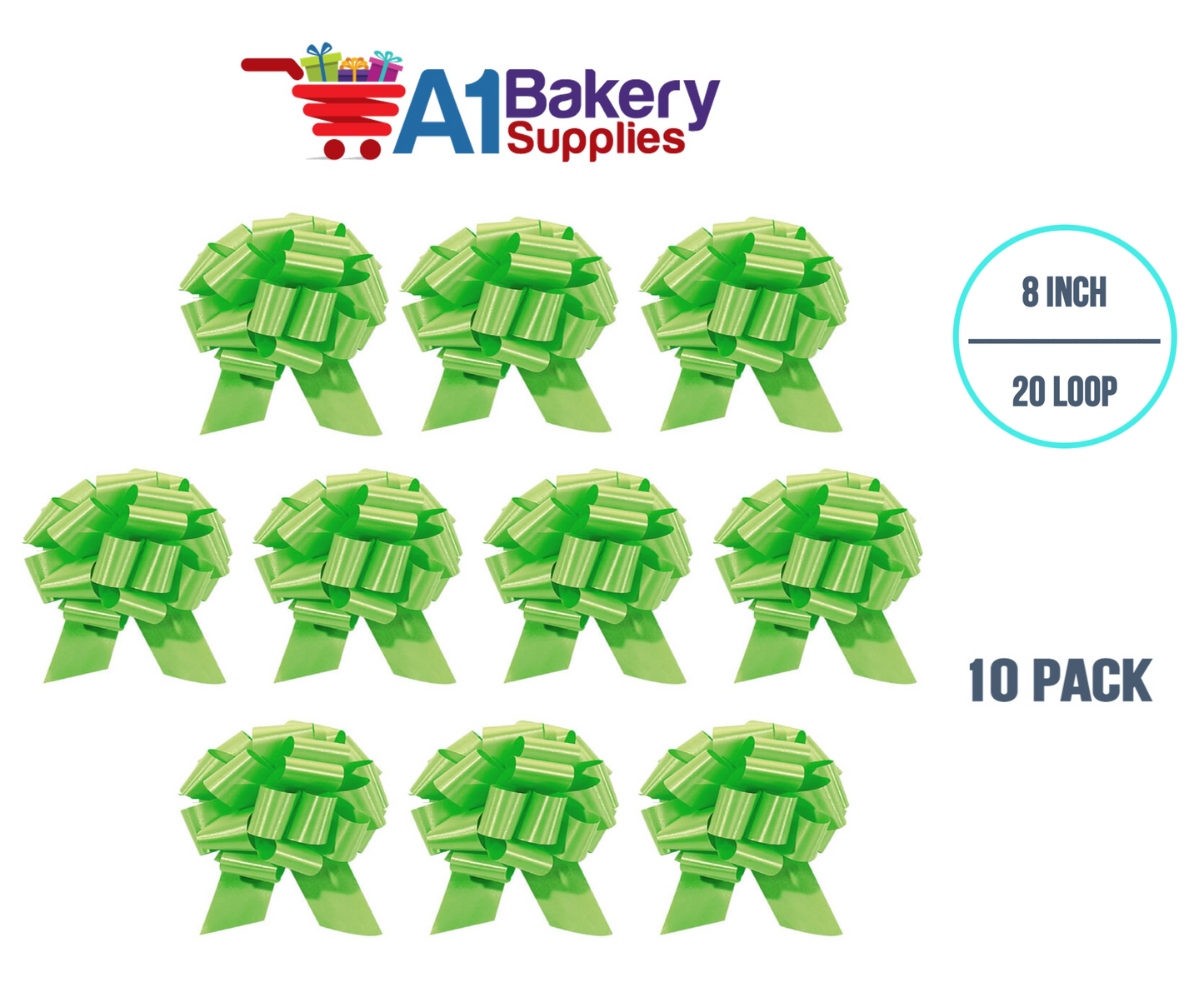 A1BakerySupplies 10 Pieces Pull Bow for Gift Wrapping Gift Bows Pull Bow With Ribbon for Wedding Gift Baskets, 8 Inch 20 Loop Citrus Green Flora Satin Color