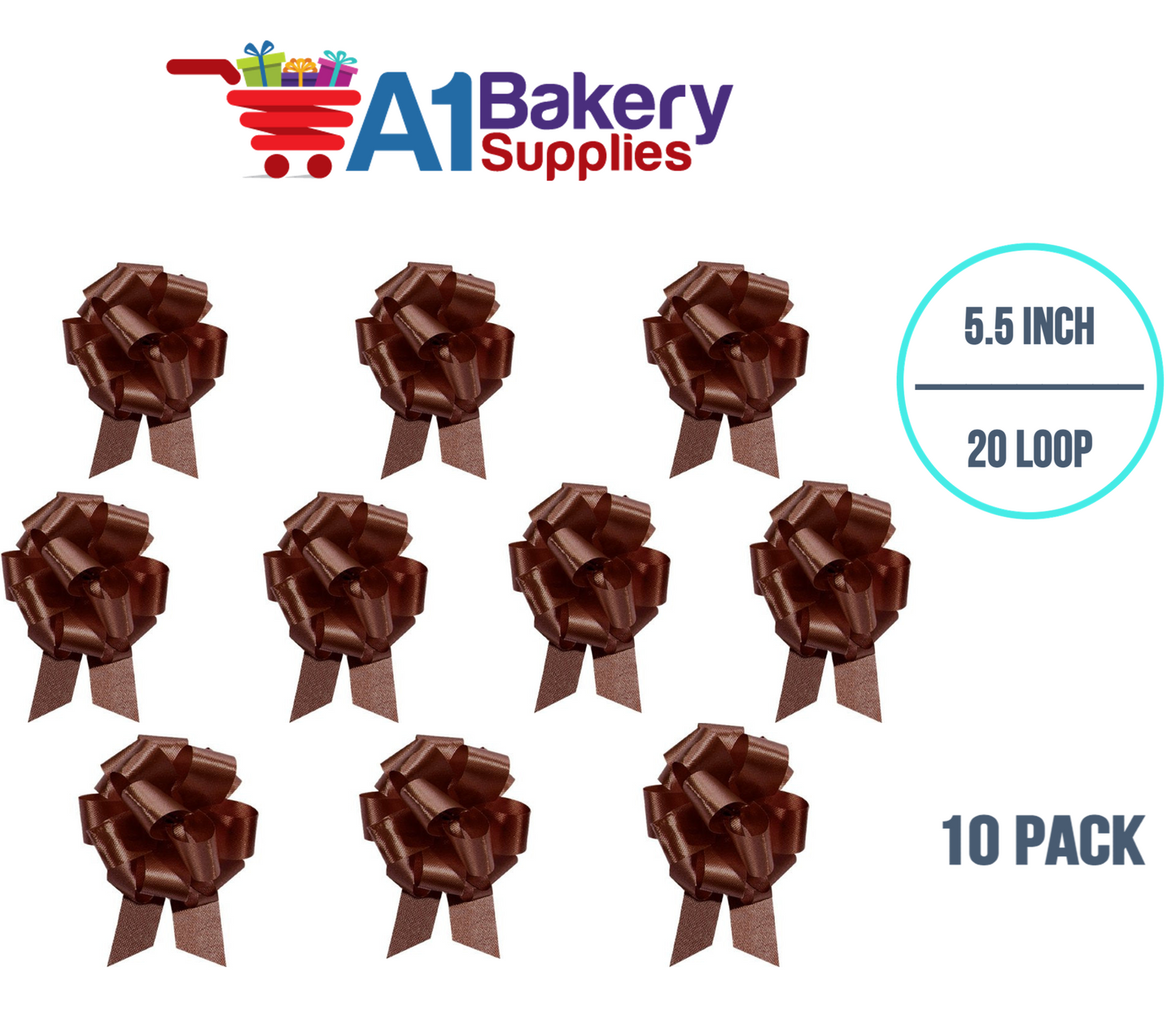 A1BakerySupplies 10 Pieces Pull Bow for Gift Wrapping Gift Bows Pull Bow With Ribbon for Wedding Gift Baskets, 5.5 Inch 20 Loop in Chocolate Color