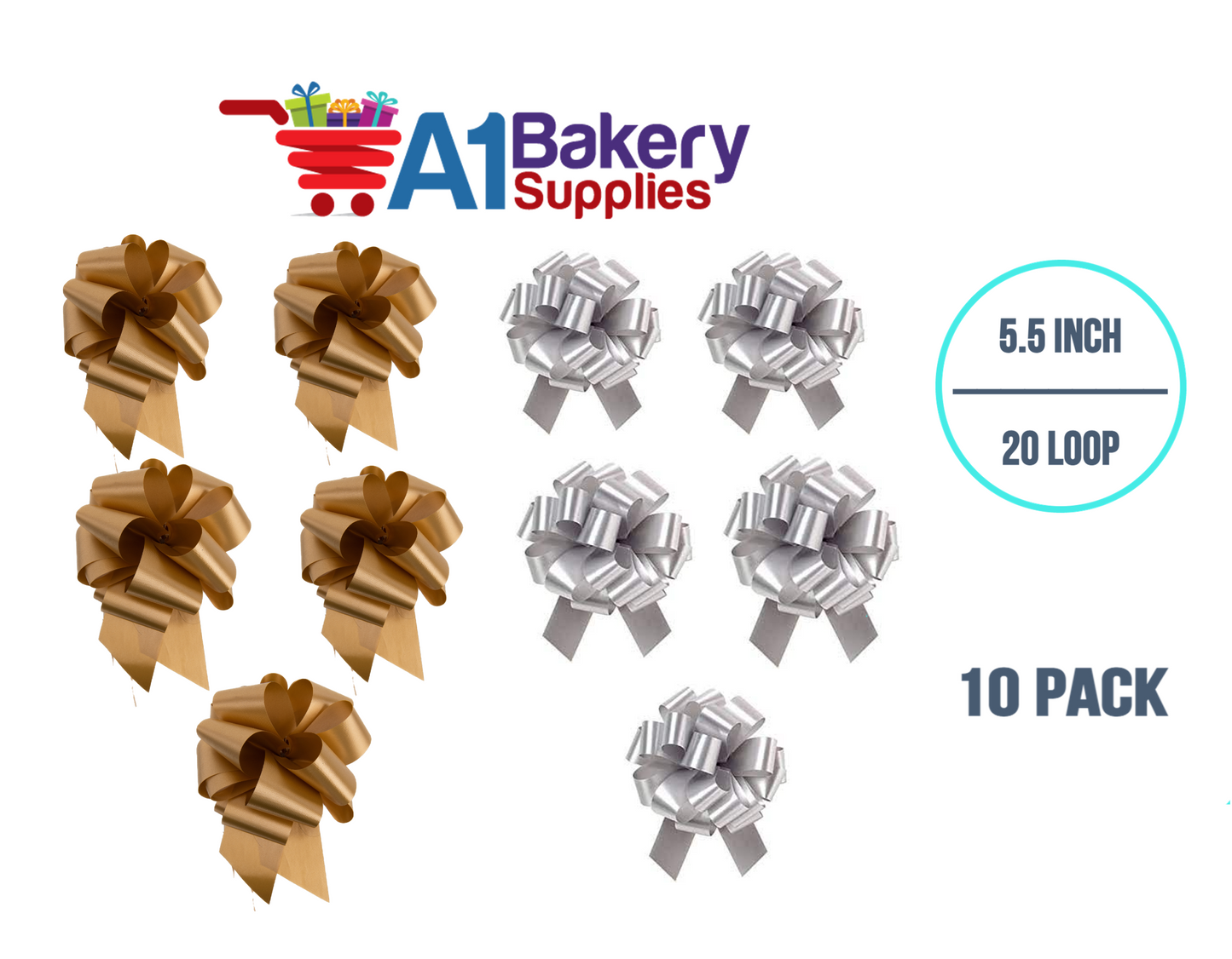 A1BakerySupplies 10 Pieces Pull Bow for Gift Wrapping Gift Bows Pull Bow With Ribbon for Wedding Gift Baskets, 5.5 Inch 20 Loop in Mixed Color