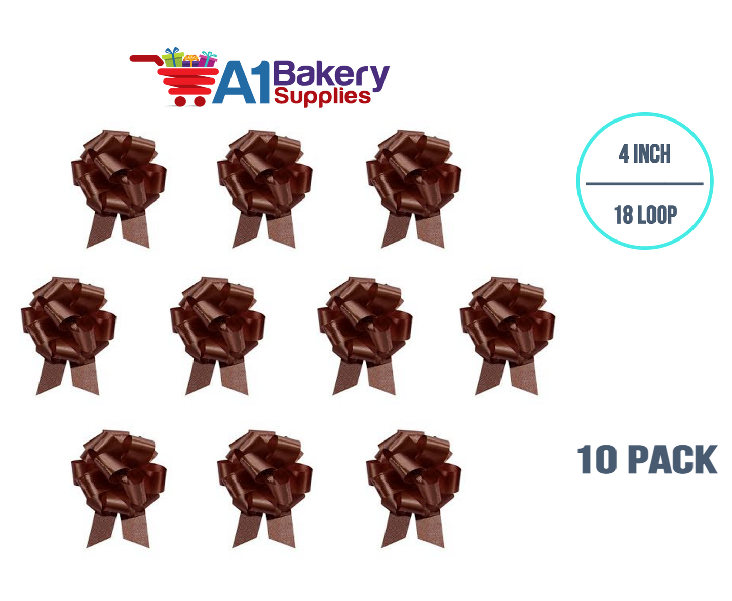 A1BakerySupplies 10 Pieces Pull Bow for Gift Wrapping Gift Bows Pull Bow With Ribbon for Wedding Gift Baskets, 4 Inch 18 Loop in Chocolate Flora Satin Color