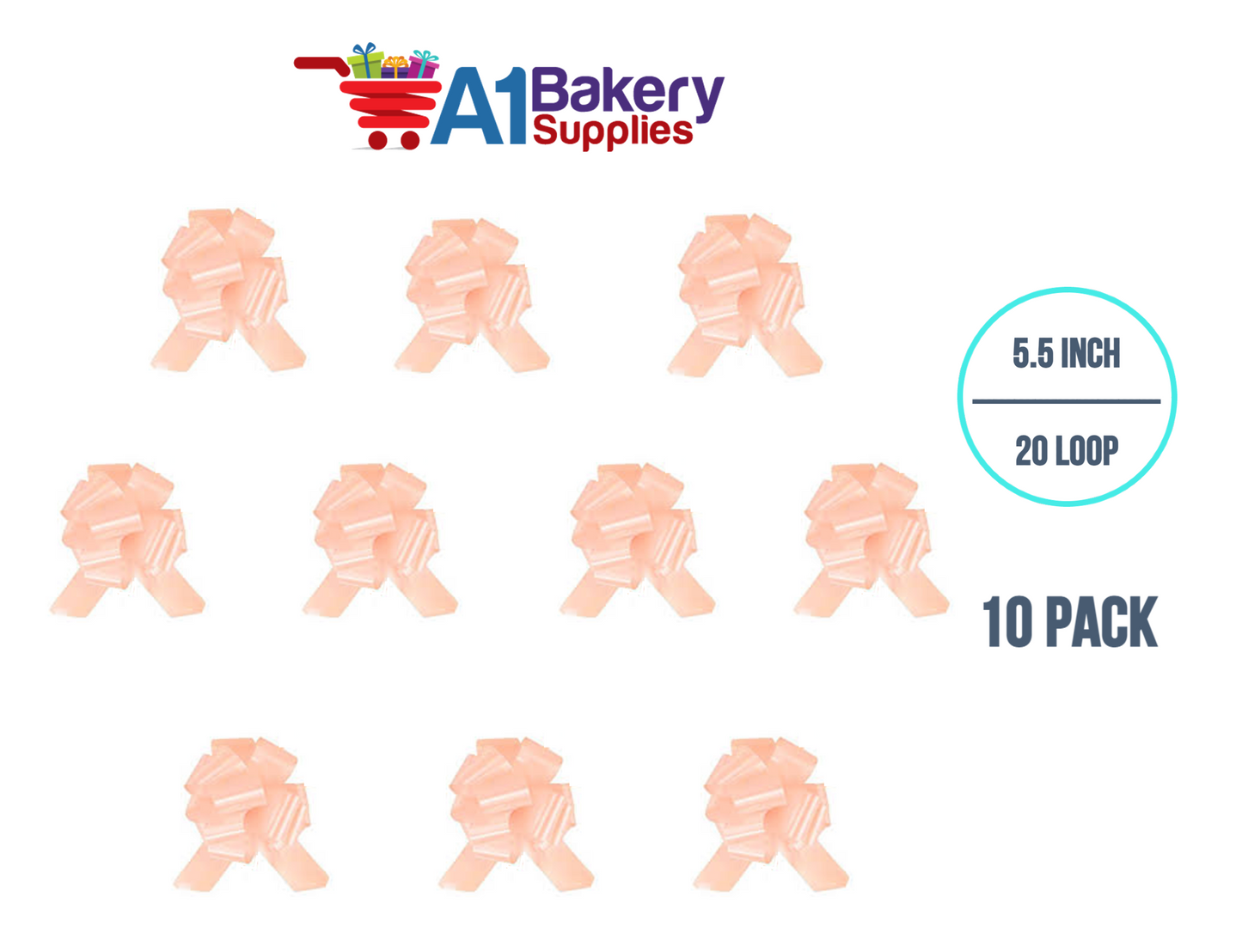 A1BakerySupplies 10 Pieces Pull Bow for Gift Wrapping Gift Bows Pull Bow With Ribbon for Wedding Gift Baskets, 5.5 Inch 20 Loop in Peach Color