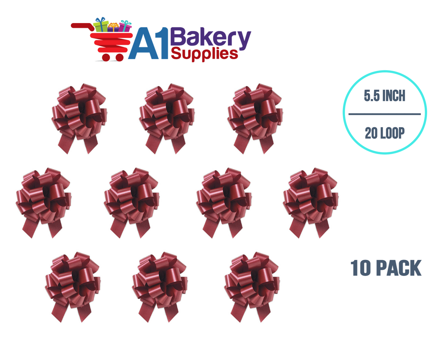 A1BakerySupplies 10 Pieces Pull Bow for Gift Wrapping Gift Bows Pull Bow With Ribbon for Wedding Gift Baskets, 5.5 Inch 20 Loop in Marsala Maroon Color