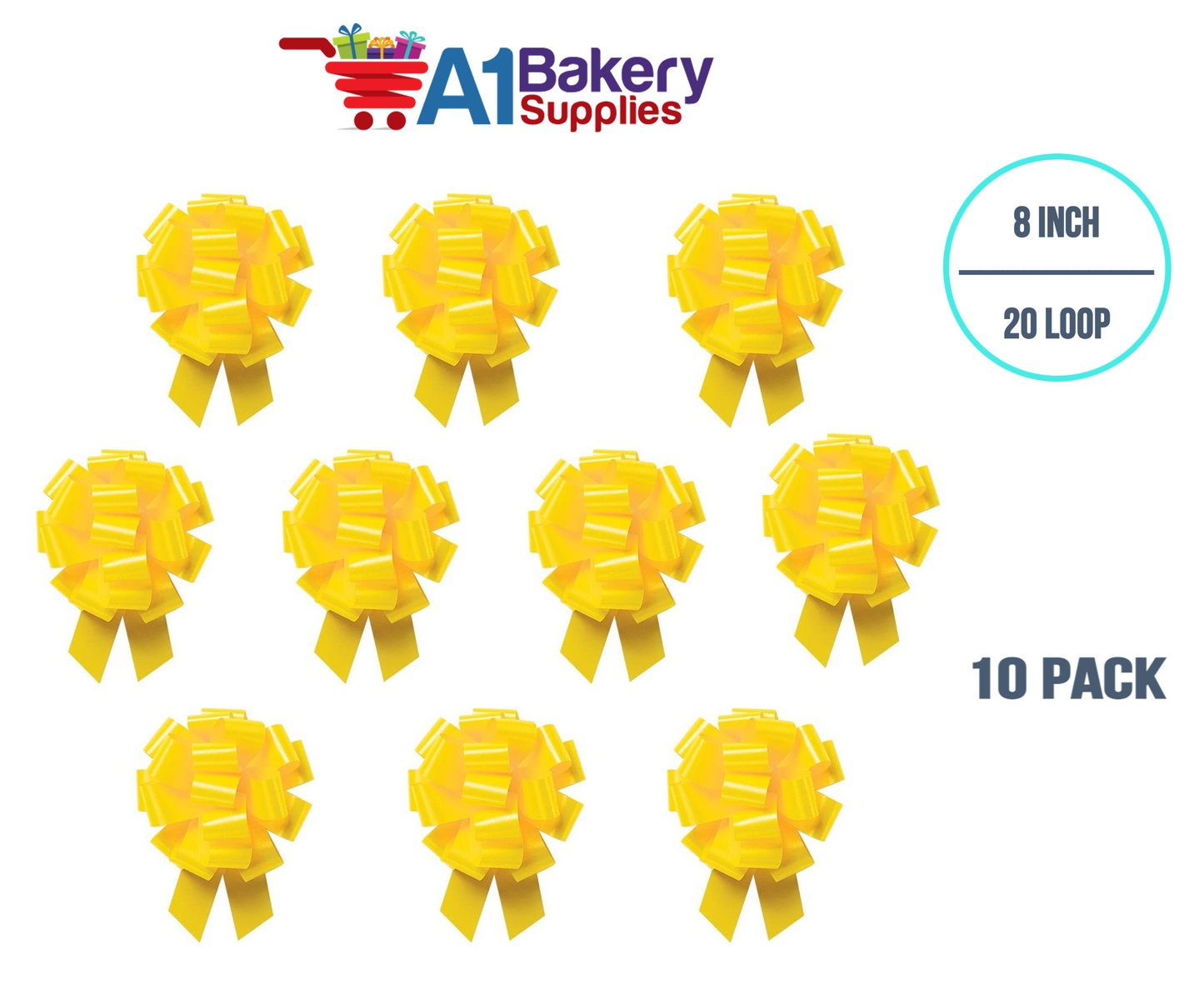 A1BakerySupplies 10 Pieces Pull Bow for Gift Wrapping Gift Bows Pull Bow With Ribbon for Wedding Gift Baskets, 8 Inch 20 Loop Yellow Daffodil Flora Satin Color