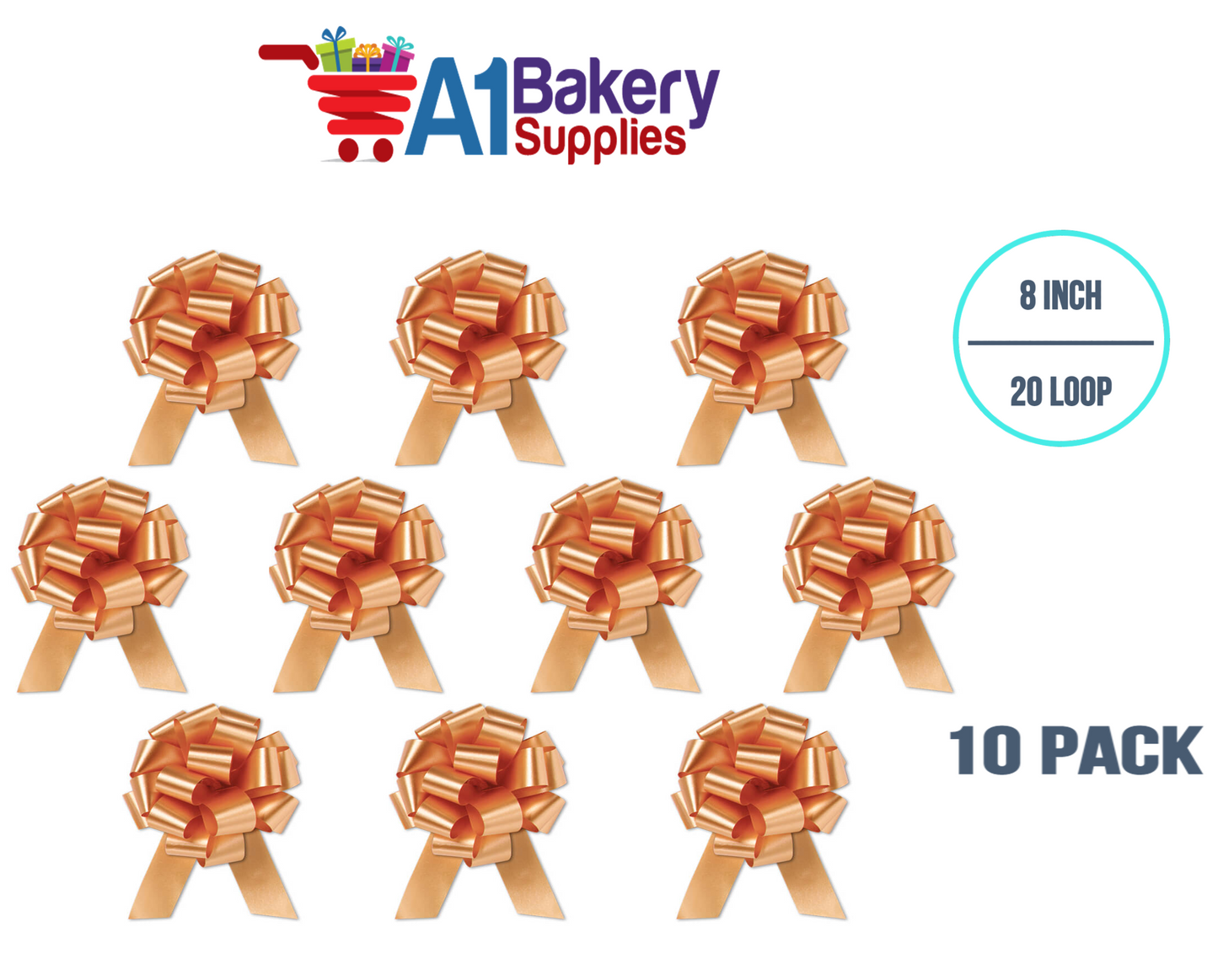 A1BakerySupplies 10 Pieces Pull Bow for Gift Wrapping Gift Bows Pull Bow With Ribbon for Wedding Gift Baskets, 8 Inch 20 Loop Gold Flora Satin Color