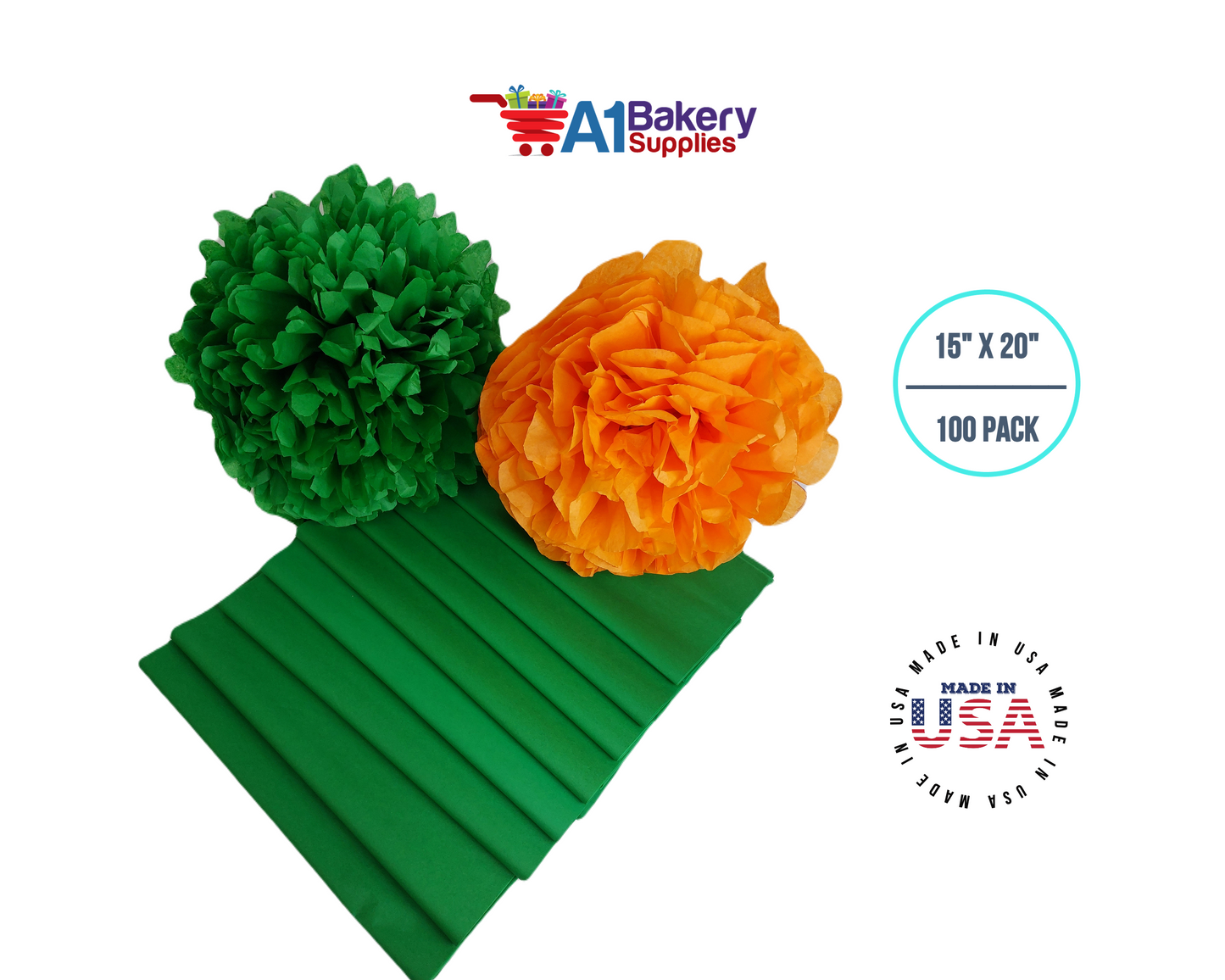 Kelly Green Tissue Paper Squares, Bulk 100 Sheets, Premium Gift Wrap and Art Supplies for Birthdays, Holidays, or Presents by A1BakerySupplies, Large 15 Inch x 20 Inch