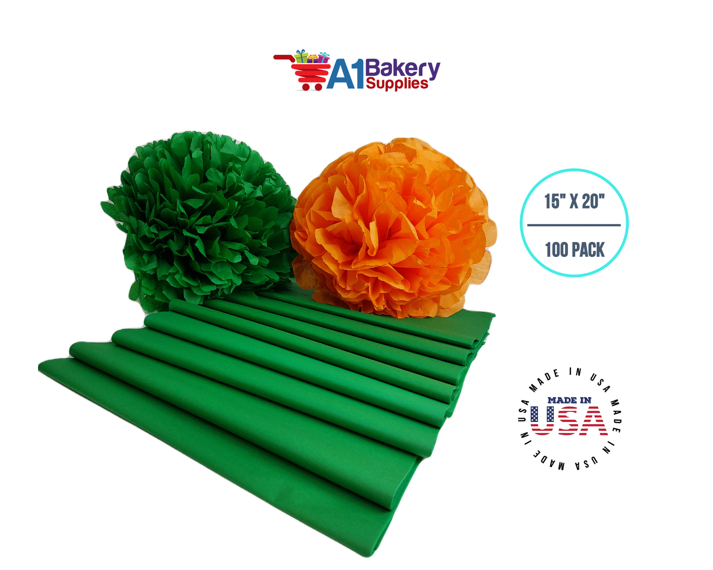 Kelly Green Tissue Paper Squares, Bulk 100 Sheets, Premium Gift Wrap and Art Supplies for Birthdays, Holidays, or Presents by A1BakerySupplies, Large 15 Inch x 20 Inch