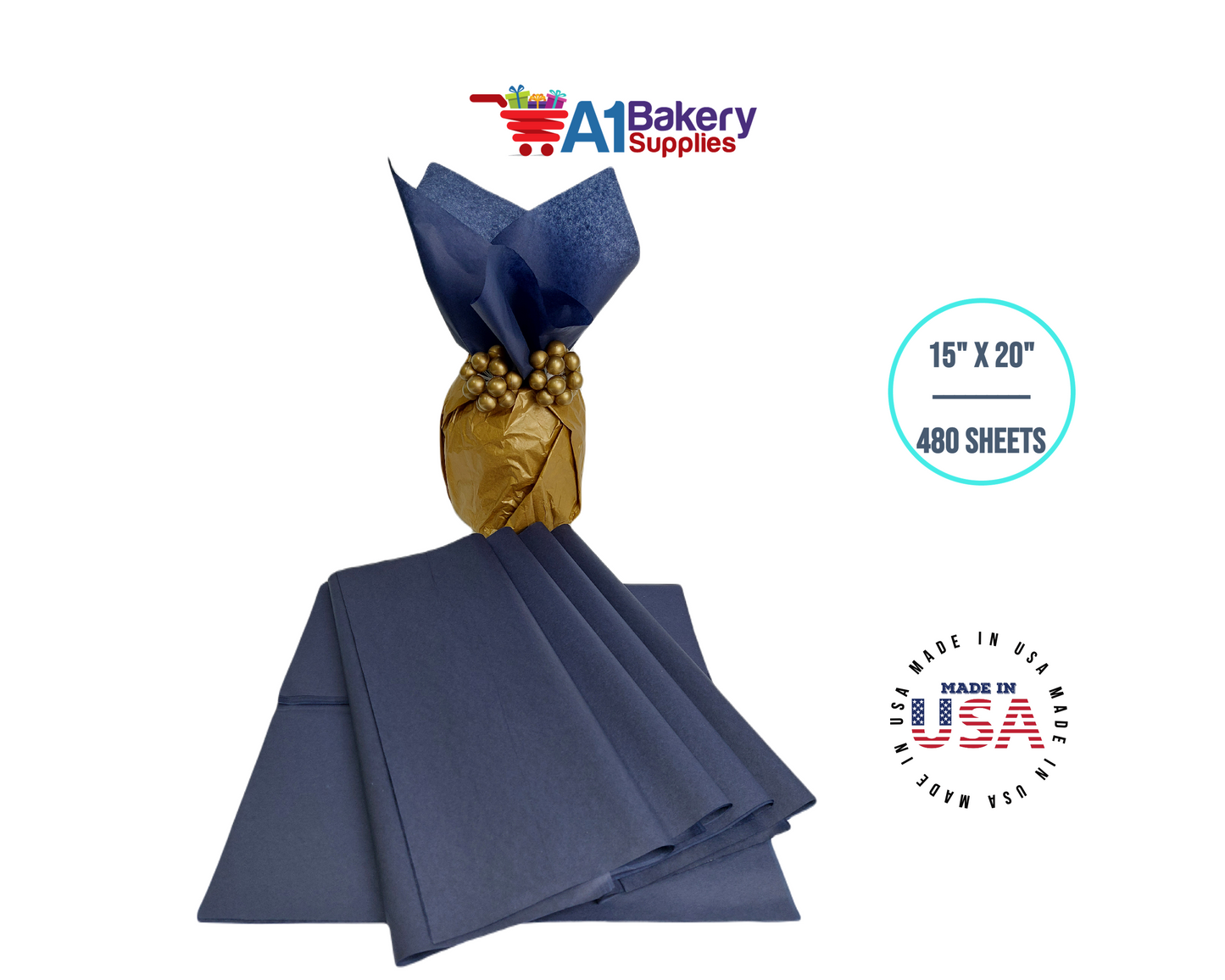 Navy Blue Tissue Paper Squares, Bulk 480 Sheets, Premium Gift Wrap and Art Supplies for Birthdays, Holidays, or Presents by A1BakerySupplies, Large 15 Inch x 20 Inch