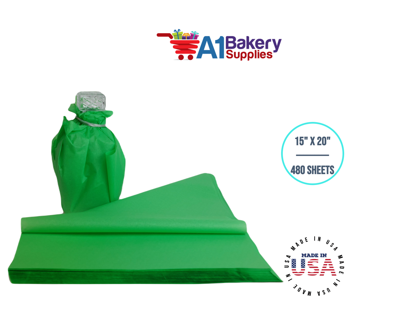 Groovy Green  Tissue Paper Squares, Bulk 480 Sheets, Premium Gift Wrap and Art Supplies for Birthdays, Holidays, or Presents by A1BakerySupplies, Large 15 Inch x 20 Inch