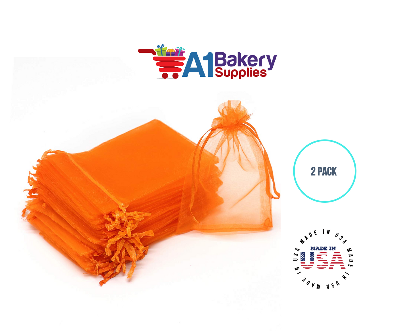 Orange Organza Fabric Gift Bags – Pack of 2 with Size 22.5 x 25 inch by A1 Bakery Supplies