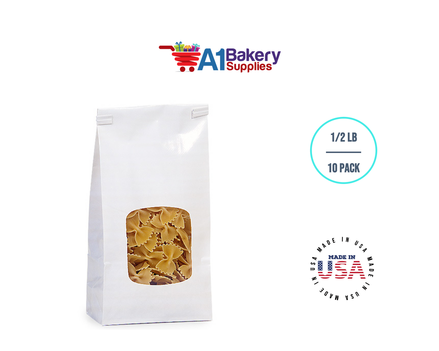 1/2 LB White Poly-Lined Reclosable Tin Tie Bags Window - 10 Pack