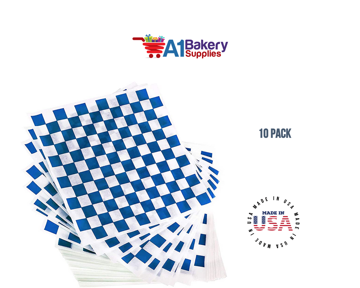 Deli Sandwich Wraps Basket Liners and Food Wrapping Liner Papers by A1 Bakery Supplies of 10 pack (Blue Checked)