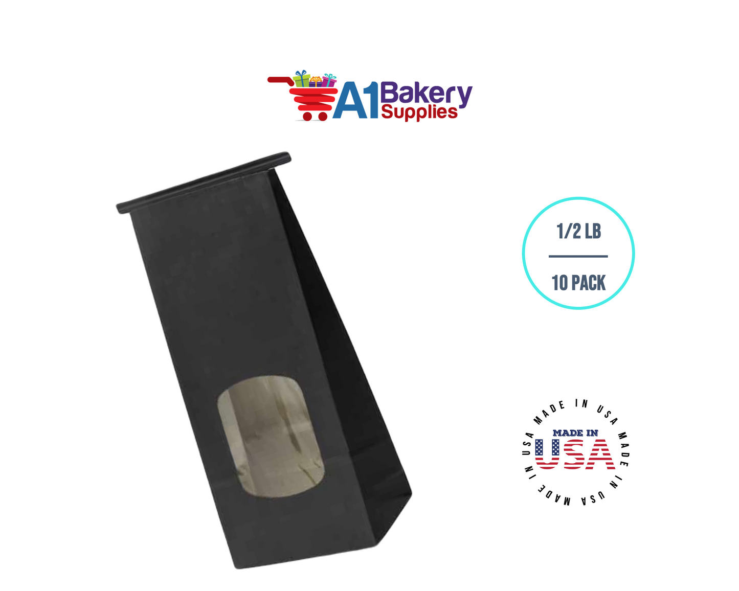 1/2 LB Black Poly-Lined Reclosable Tin Tie Bags Window - 10 Pack
