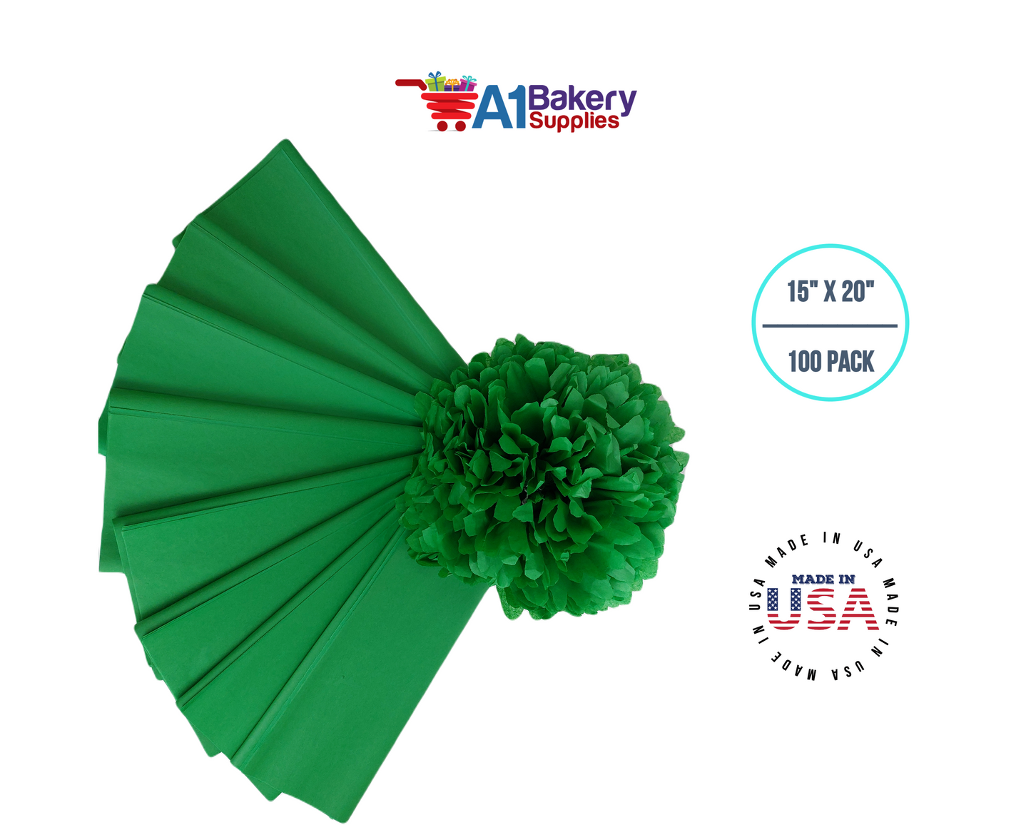 Kelly Green Tissue Paper Squares, Bulk 100 Sheets, Premium Gift Wrap and Art Supplies for Birthdays, Holidays, or Presents by A1BakerySupplies, Large 15 Inch x 20 Inch