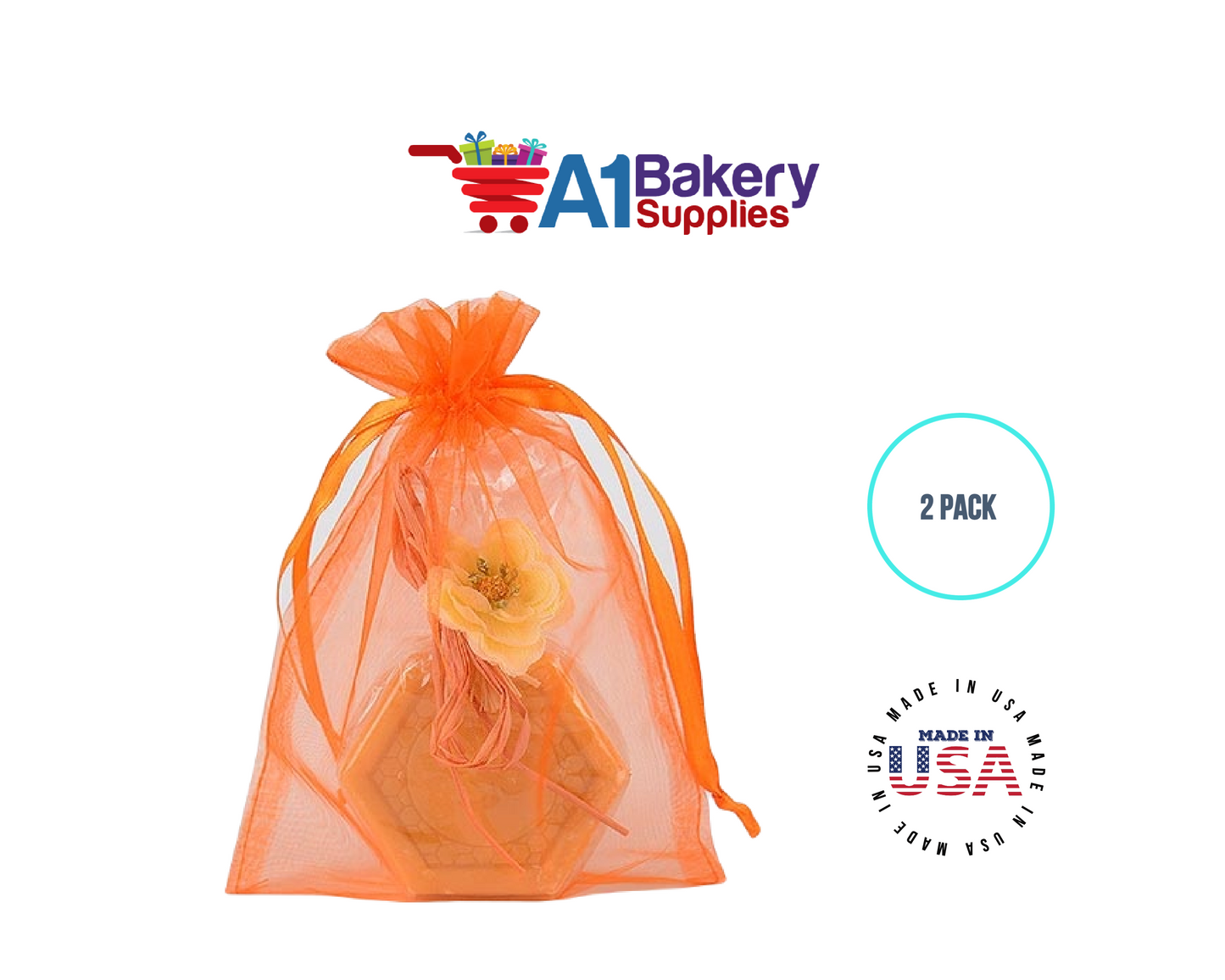 Orange Organza Fabric Gift Bags – Pack of 2 with Size 22.5 x 25 inch by A1 Bakery Supplies