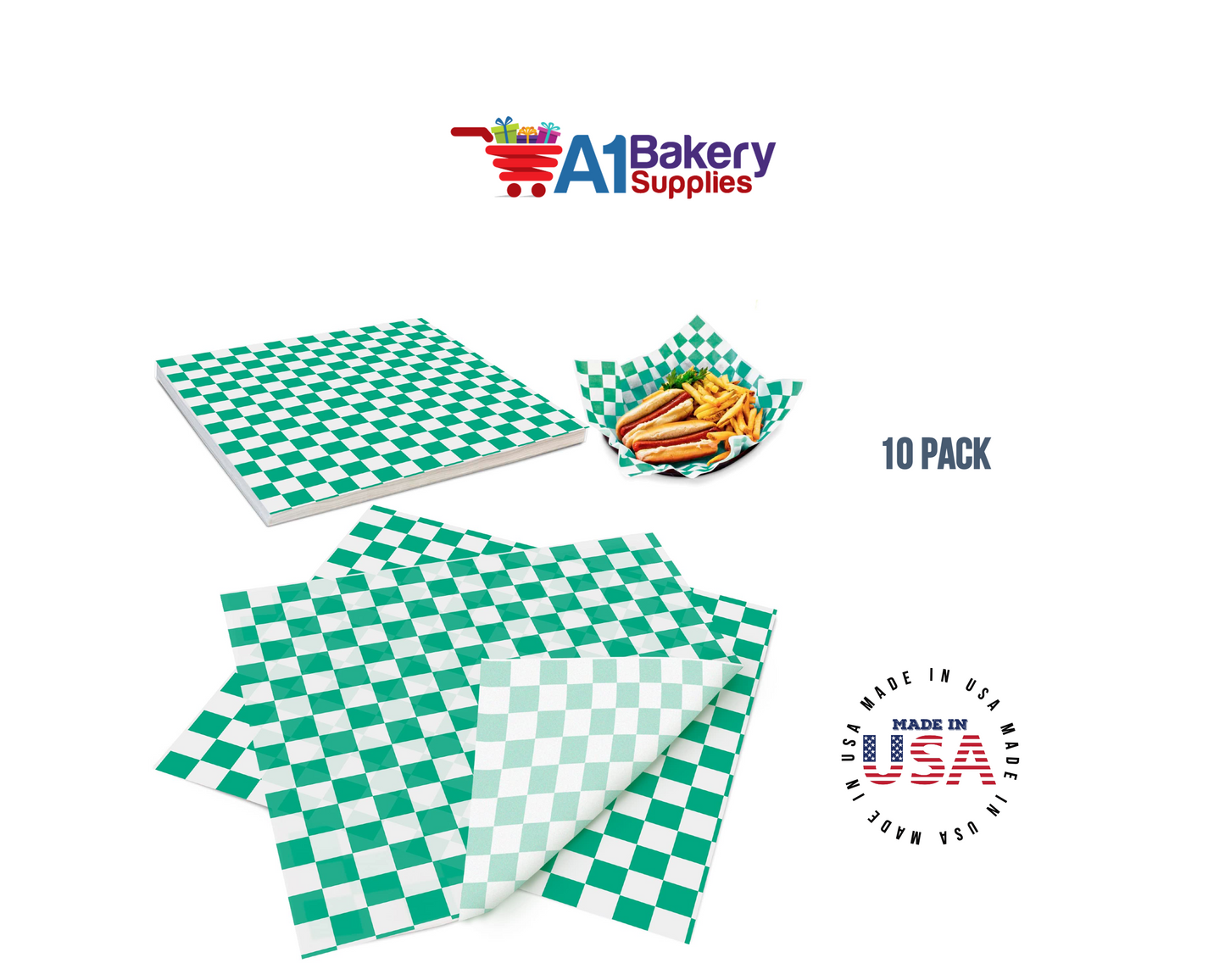 Deli Sandwich Wraps Basket Liners and Food Wrapping Liner Papers by A1 Bakery Supplies of 10 pack (Green checked)
